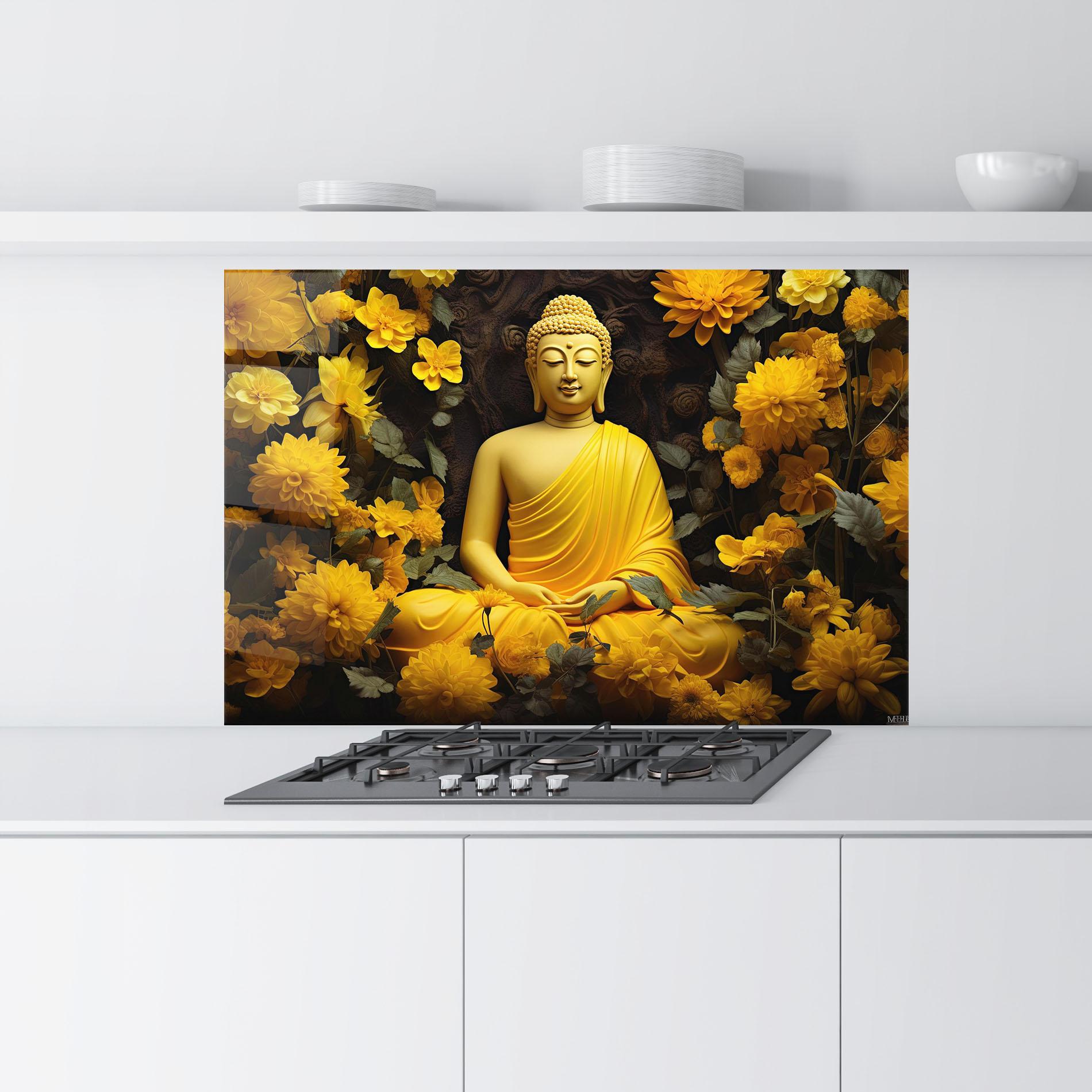 Küchenrückwand Glas Light Yellow Buddha mockup 9