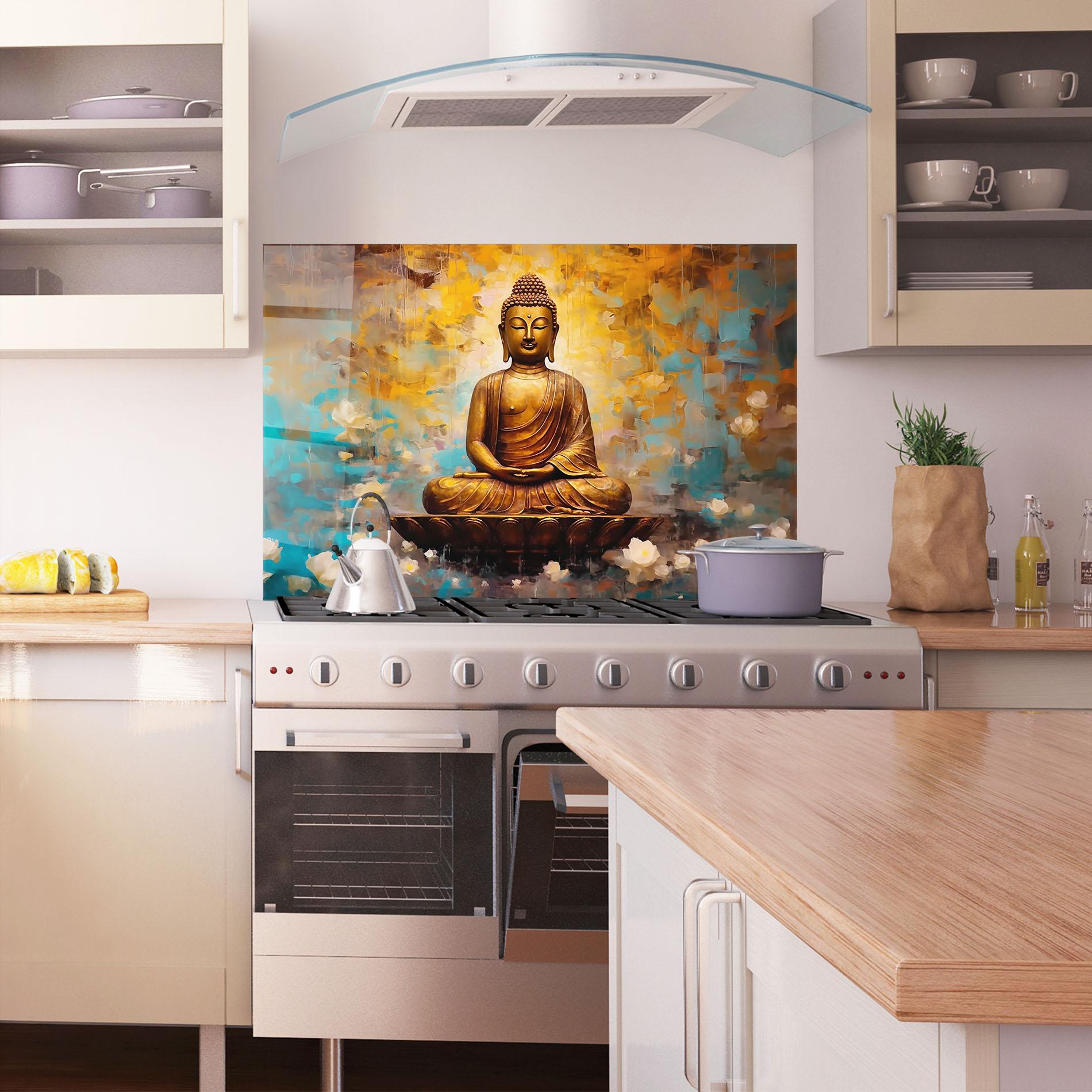 Küchenrückwand Glas Blue Gold Buddha mockup 1