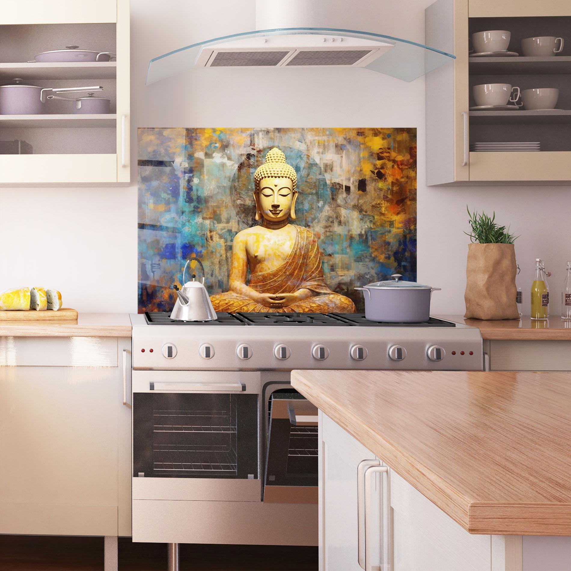 Küchenrückwand Glas Buddha Blue Gold mockup 1