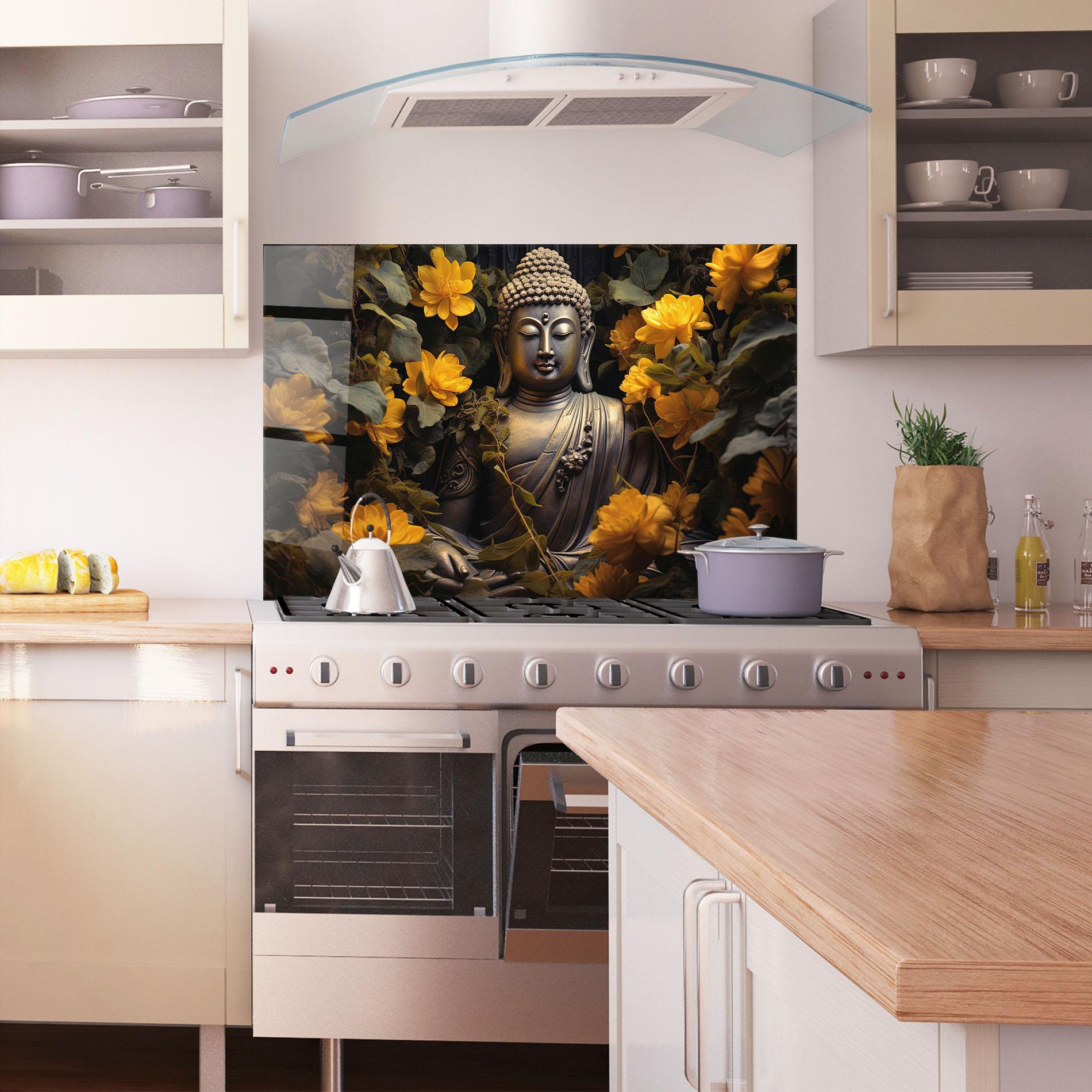 Küchenrückwand Glas Buddha Yellow Meditation mockup 1