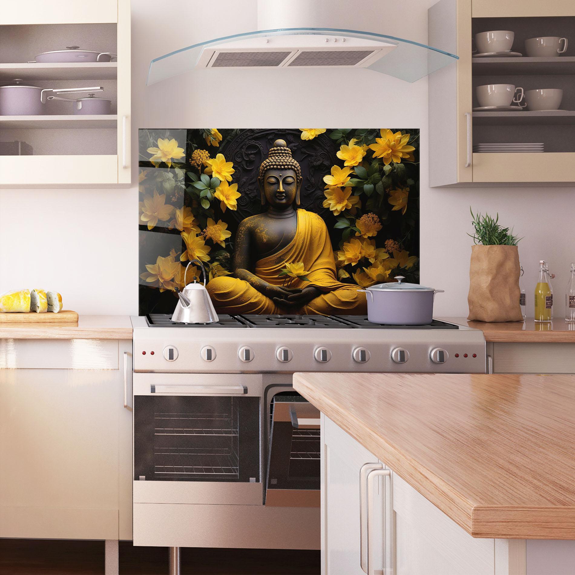 Küchenrückwand Glas Buddha Yellow Statue mockup 1