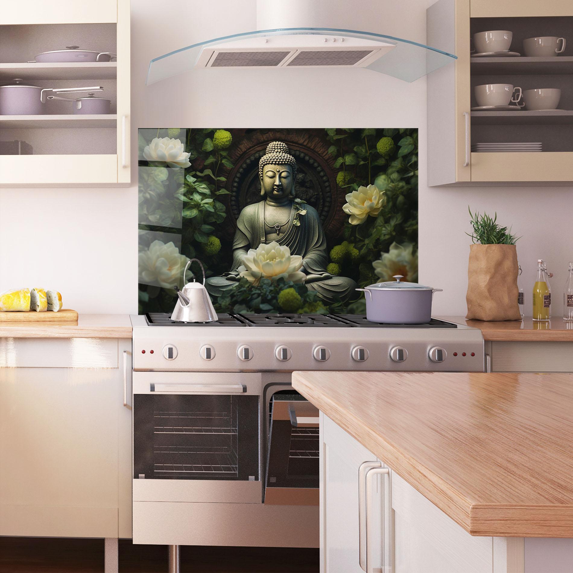 Küchenrückwand Glas Cream Flower Buddha mockup 1