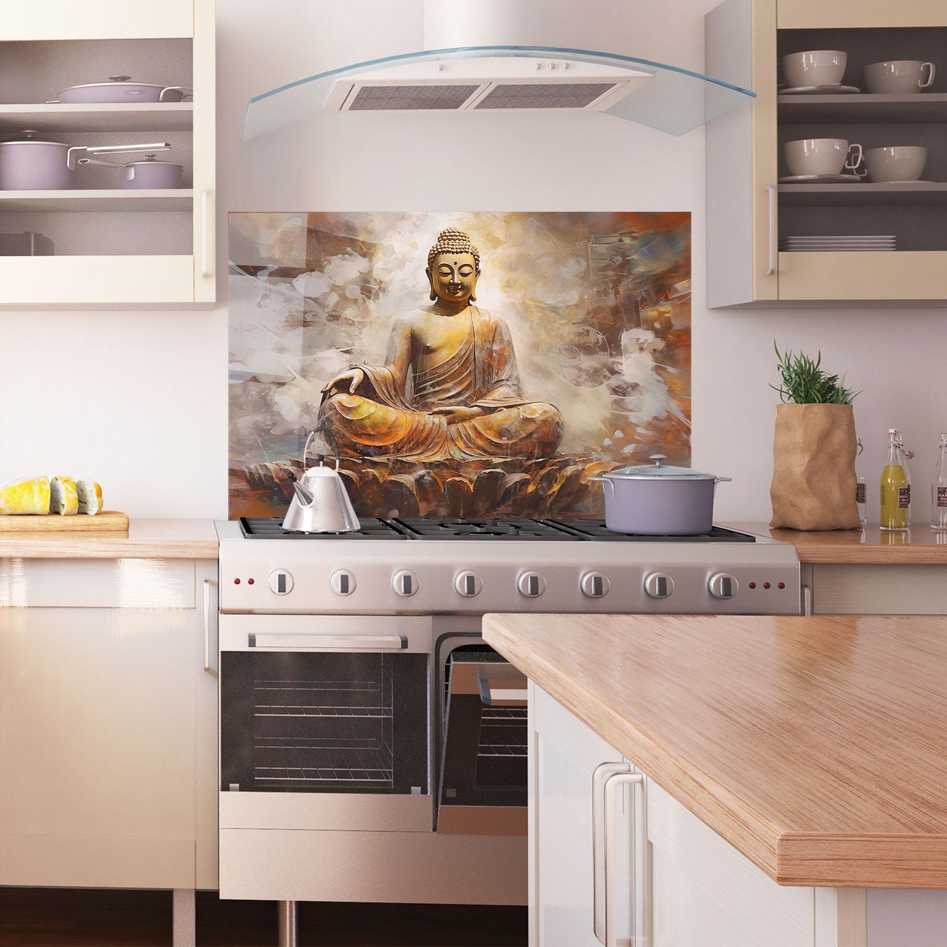 Küchenrückwand Glas Cream Orange Buddha mockup 1