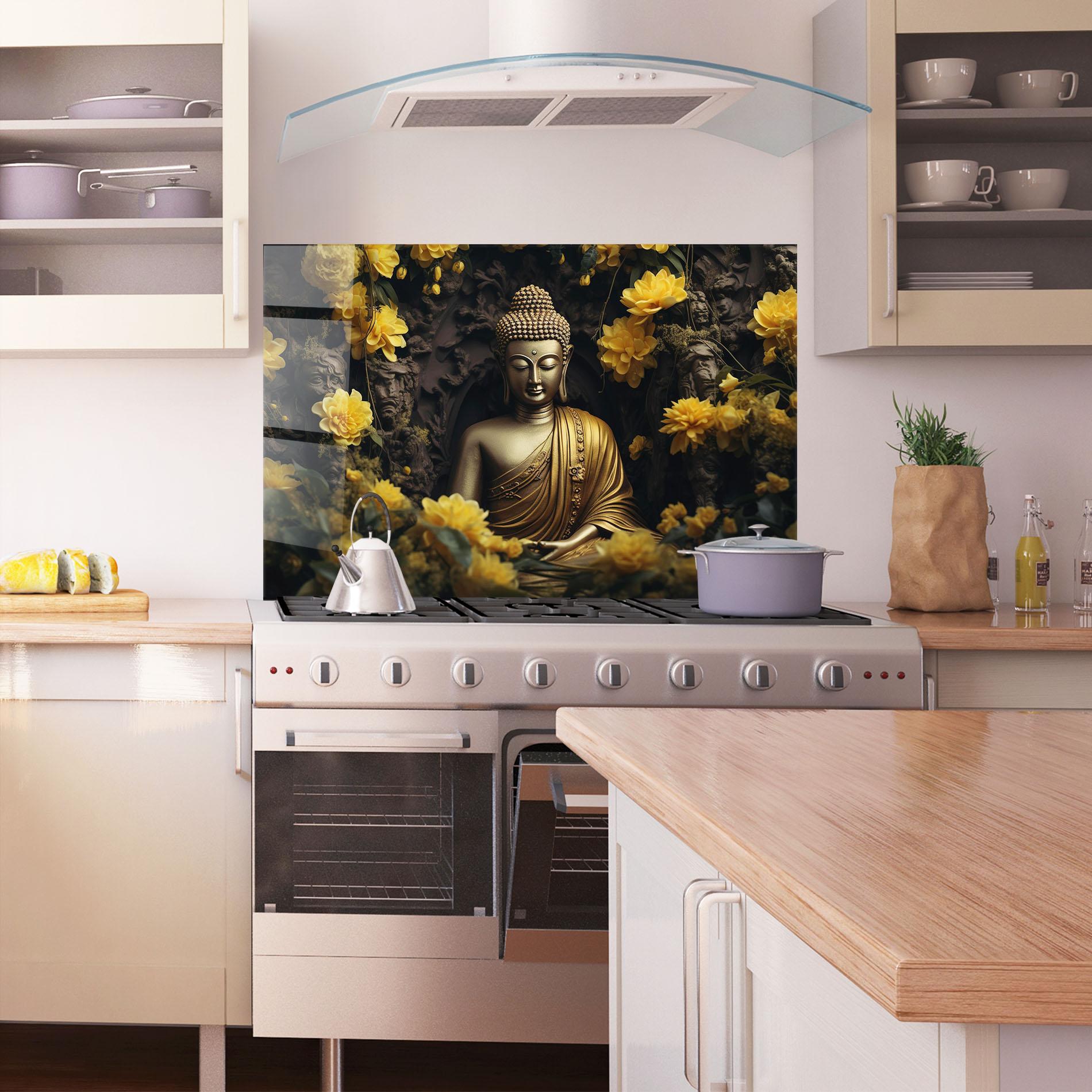 Küchenrückwand Glas Gold Buddha Flowers mockup 1