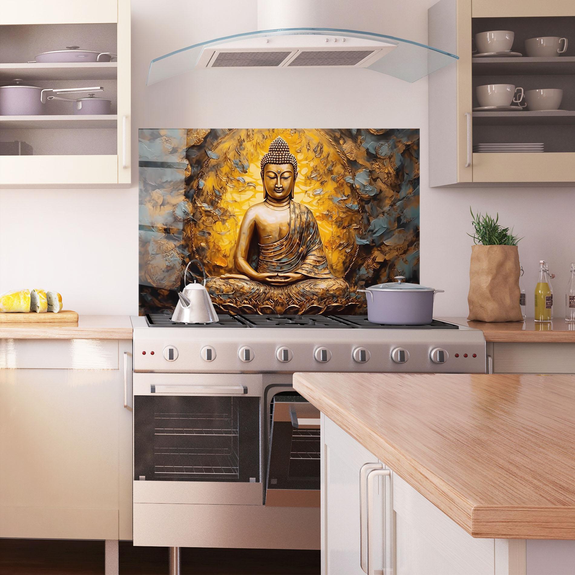 Küchenrückwand Glas Gold Grey Buddha mockup 1