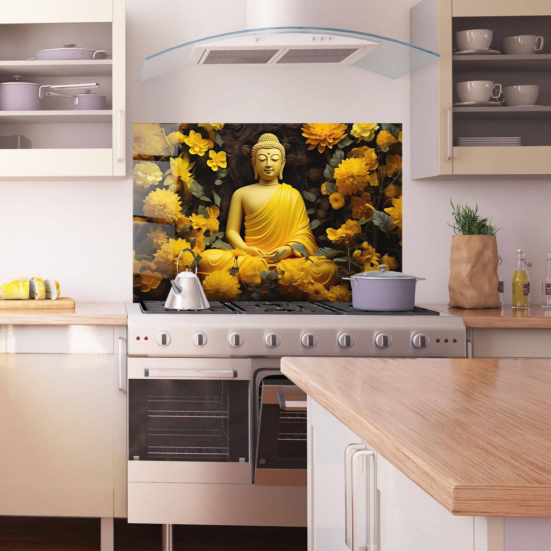 Küchenrückwand Glas Light Yellow Buddha mockup 1