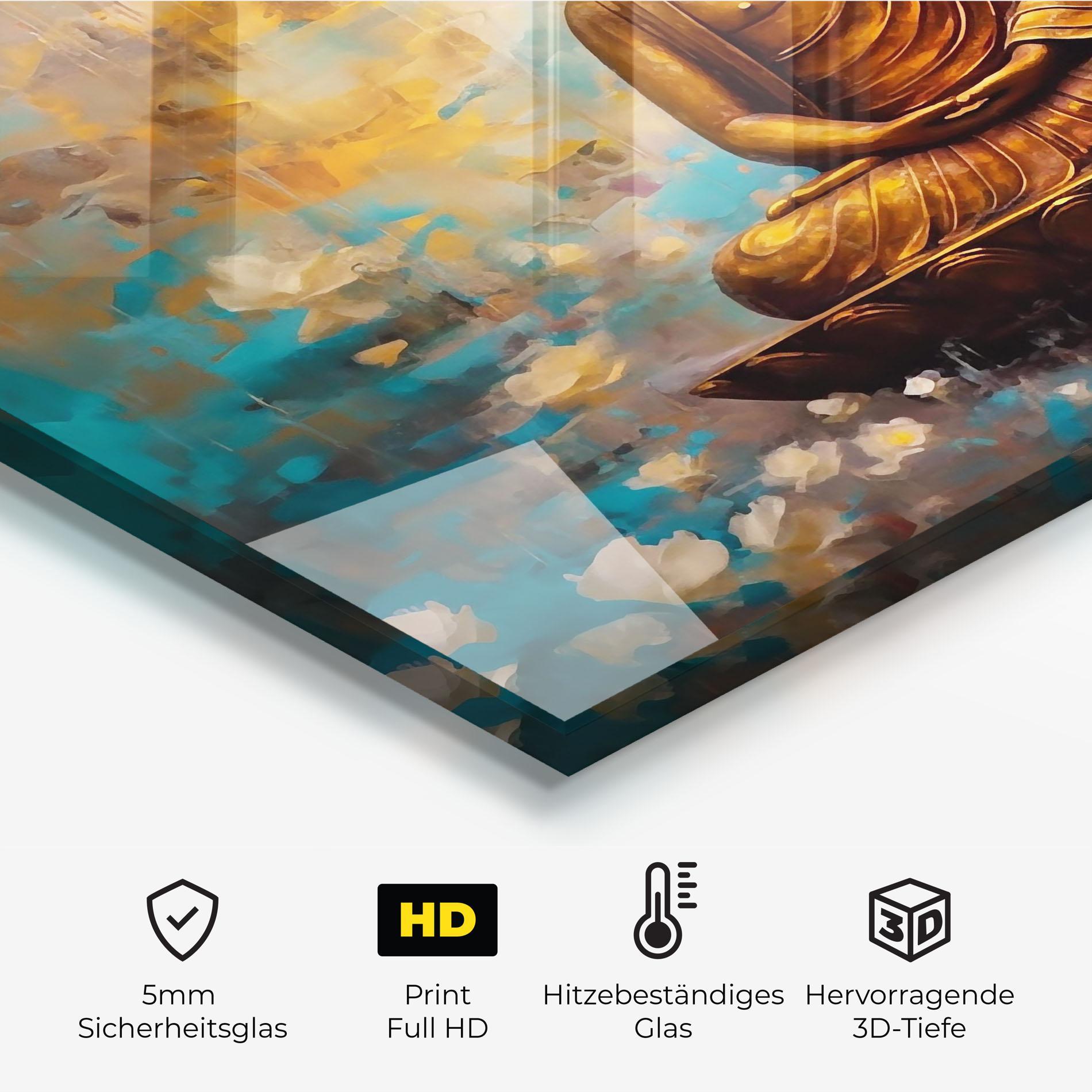 Küchenrückwand Glas Blue Gold Buddha mockup 2