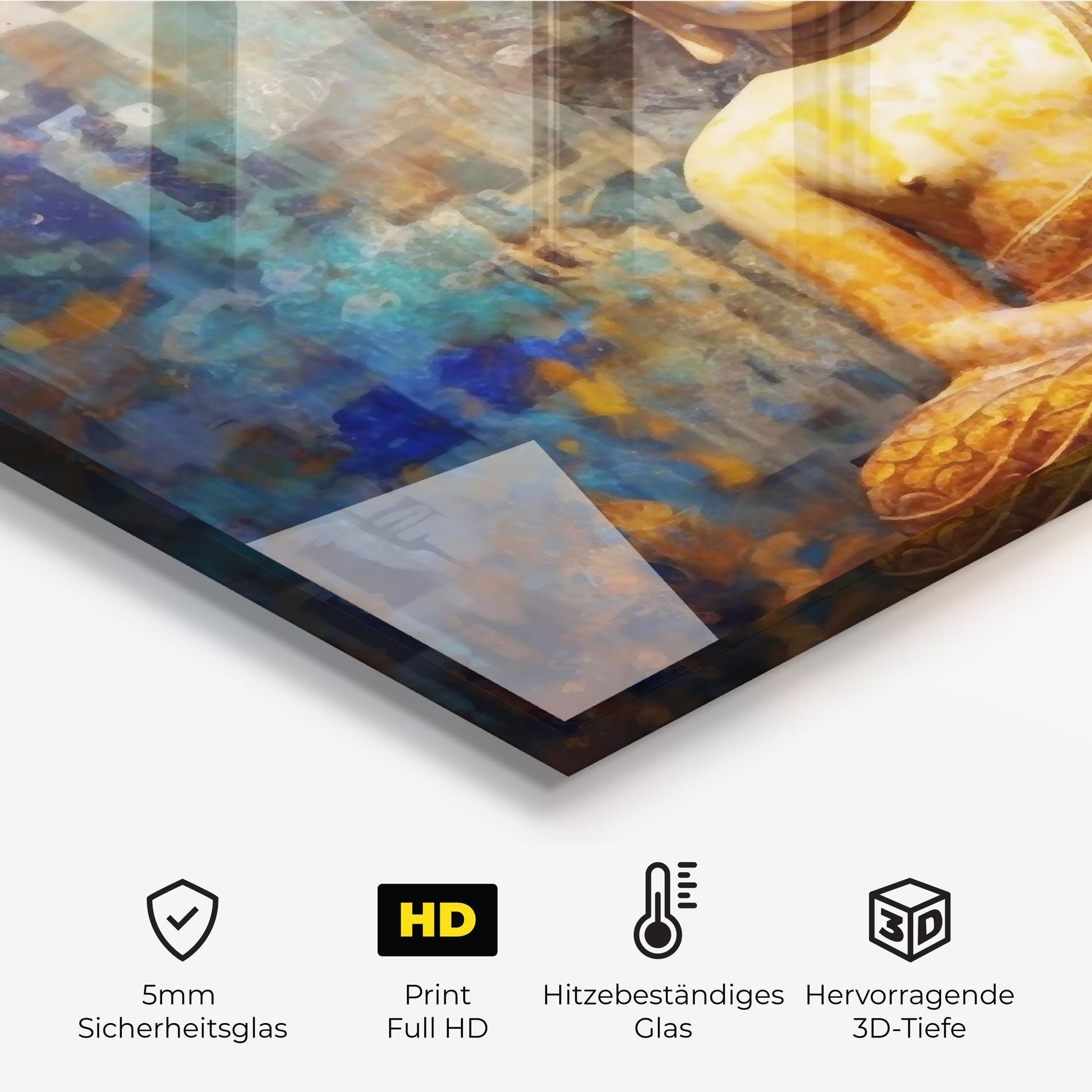 Küchenrückwand Glas Buddha Blue Gold mockup 2
