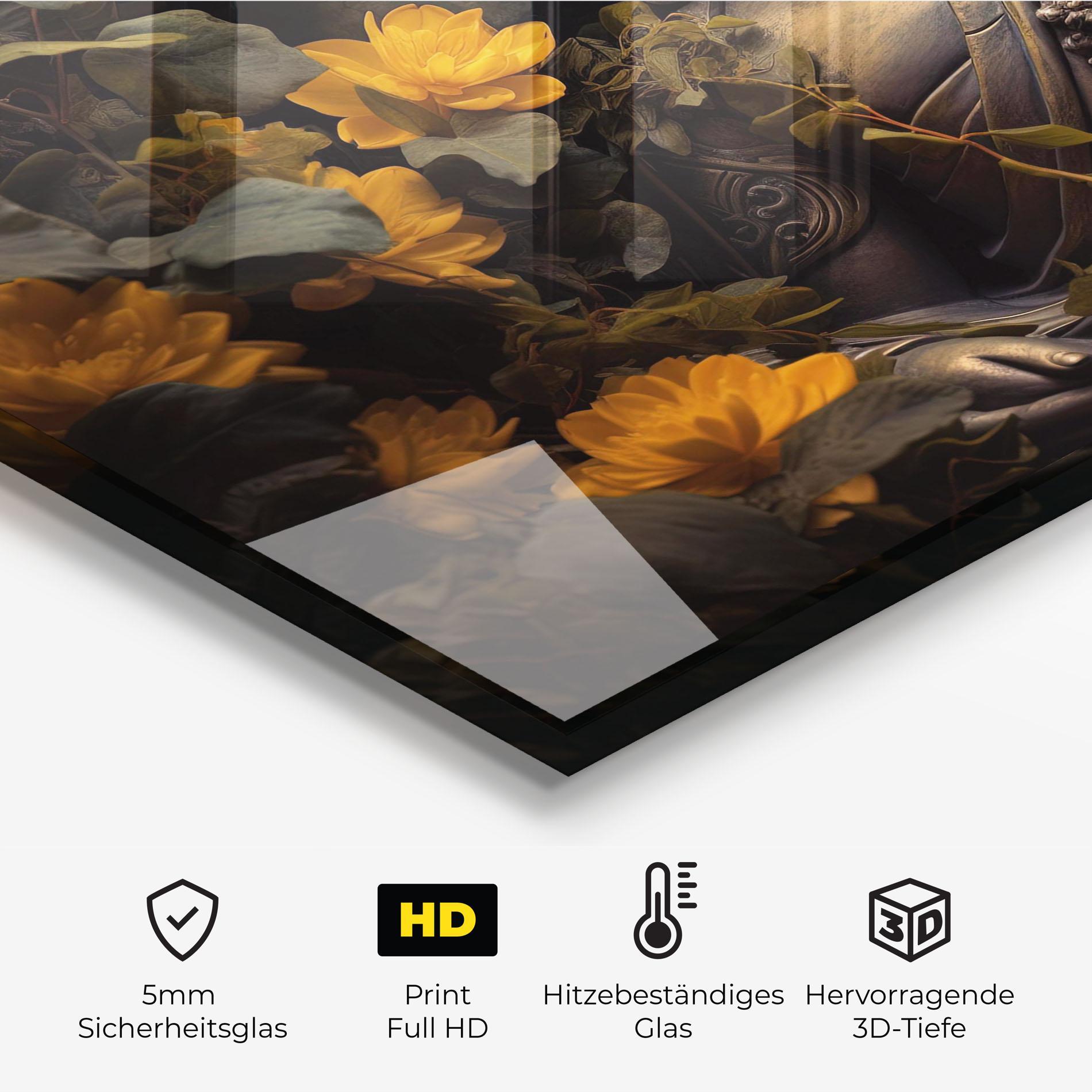 Küchenrückwand Glas Buddha Yellow Meditation mockup 2