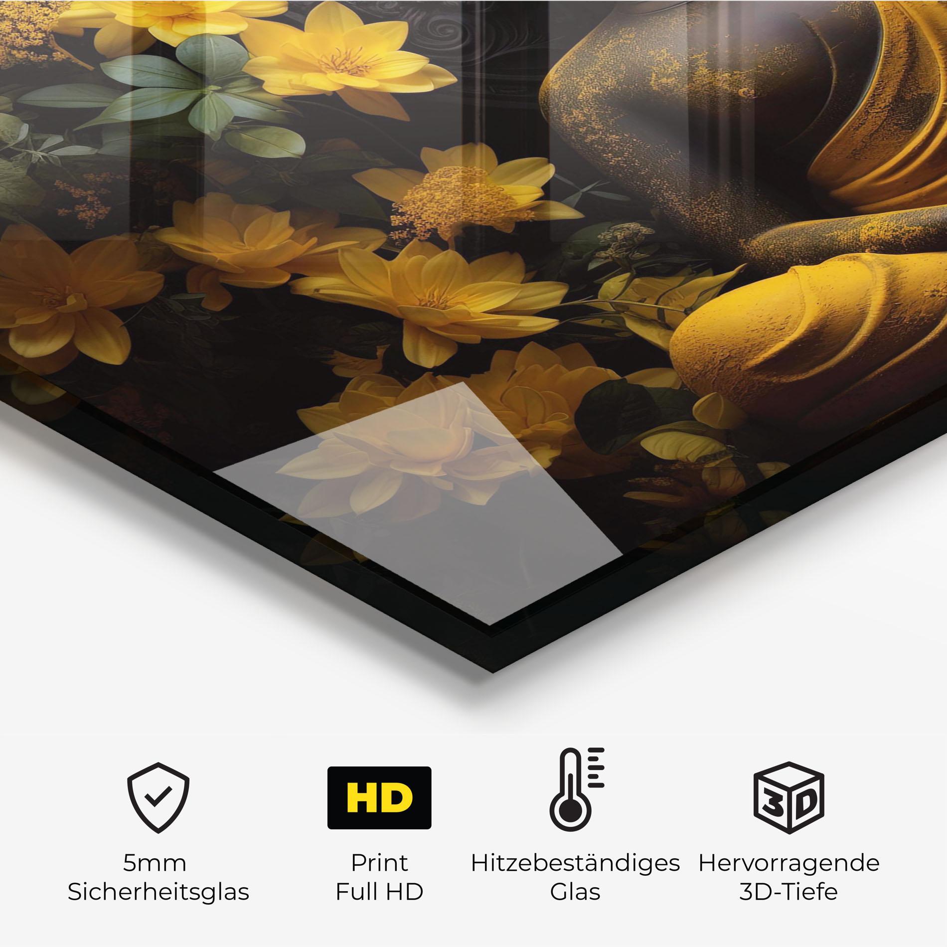 Küchenrückwand Glas Buddha Yellow Statue mockup 2