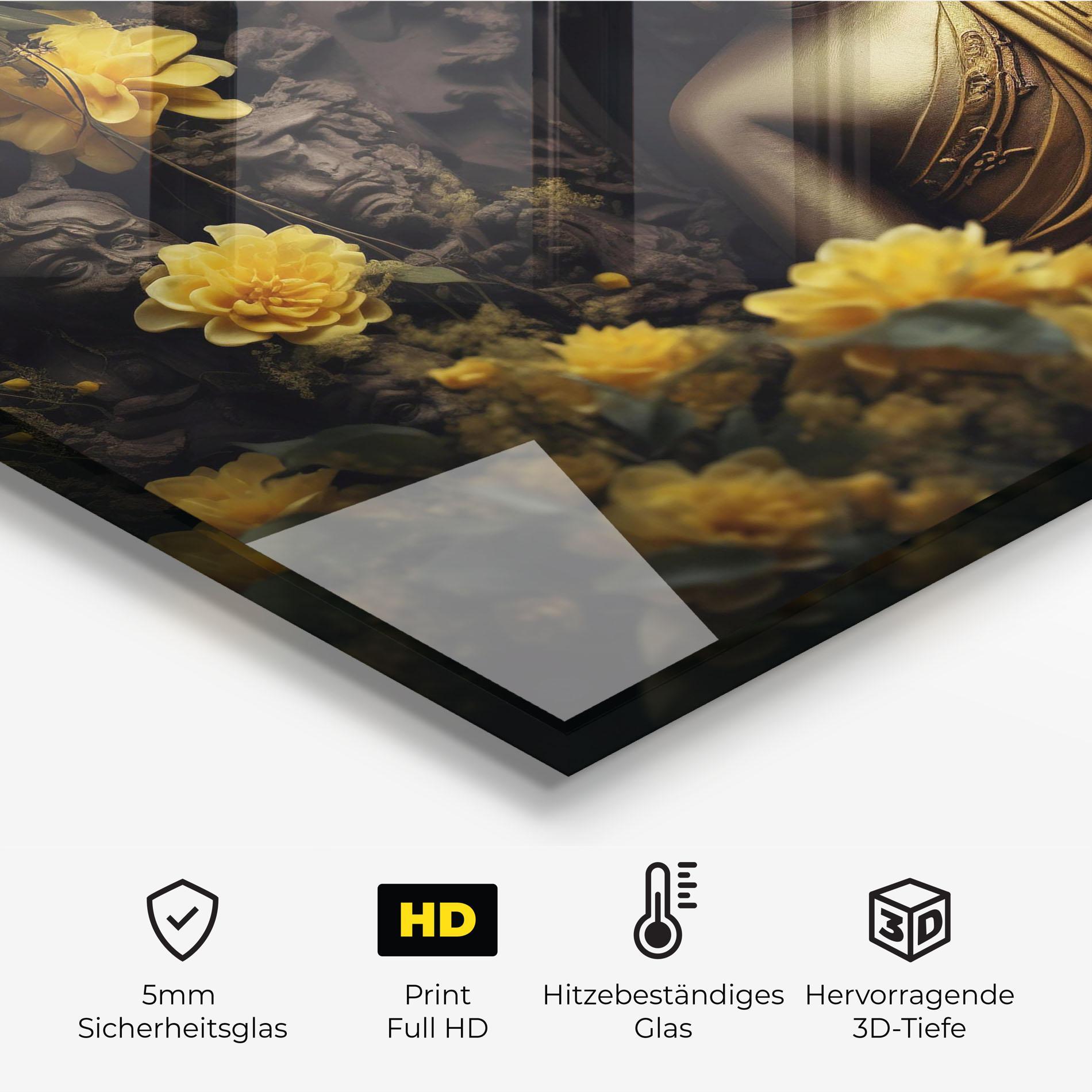Küchenrückwand Glas Gold Buddha Flowers mockup 2