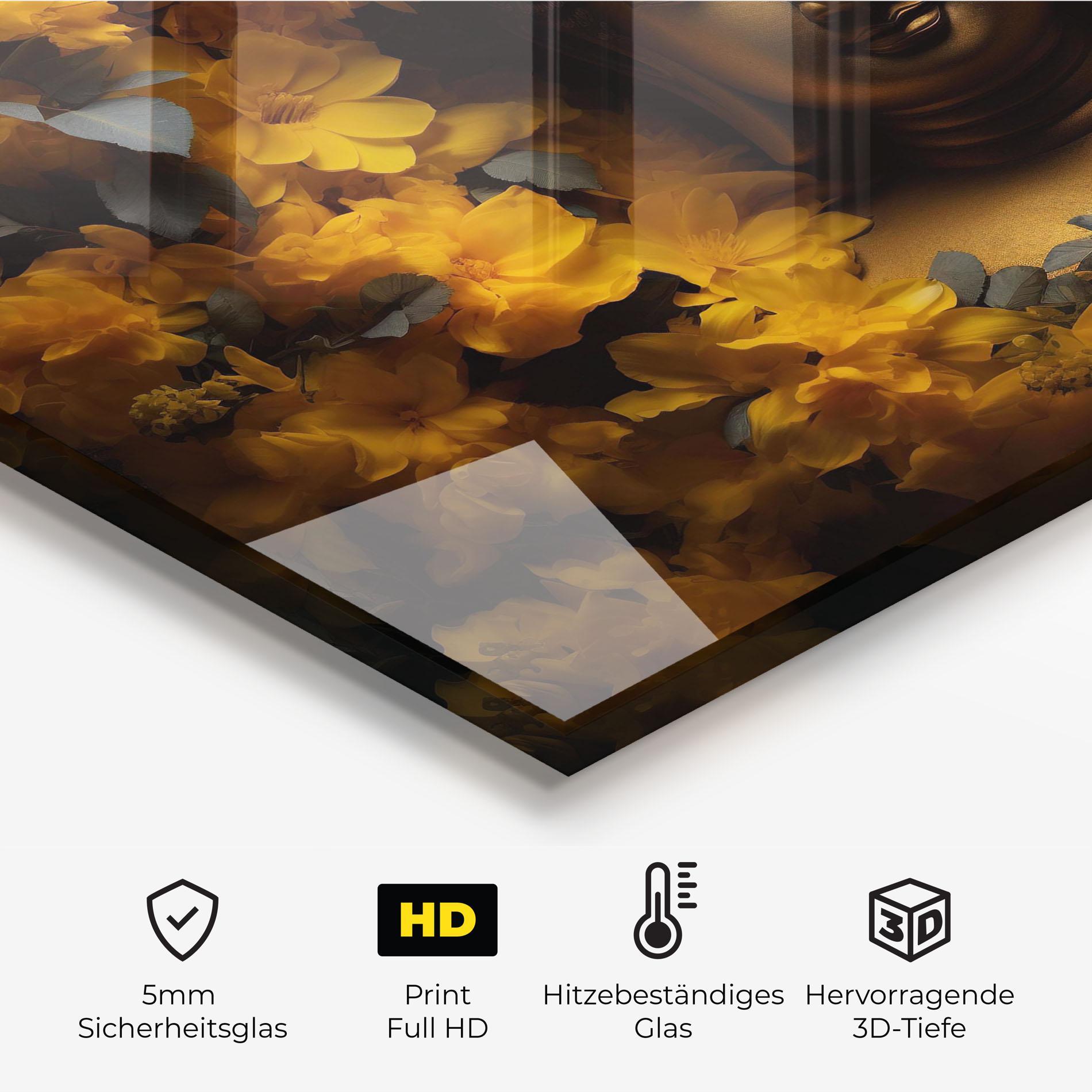 Küchenrückwand Glas Gold Buddha Meditation mockup 2