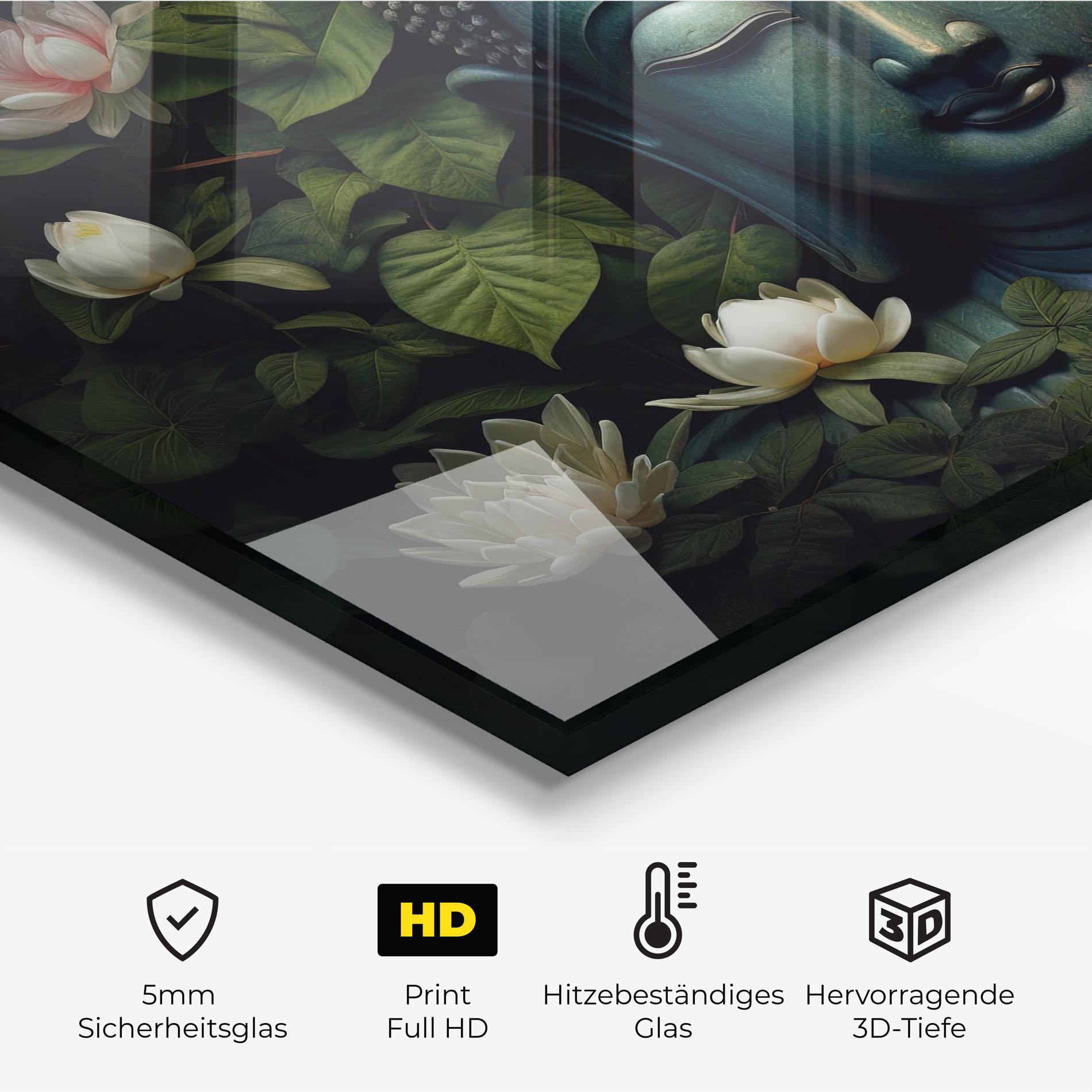 Küchenrückwand Glas Green Statue Buddha mockup 2