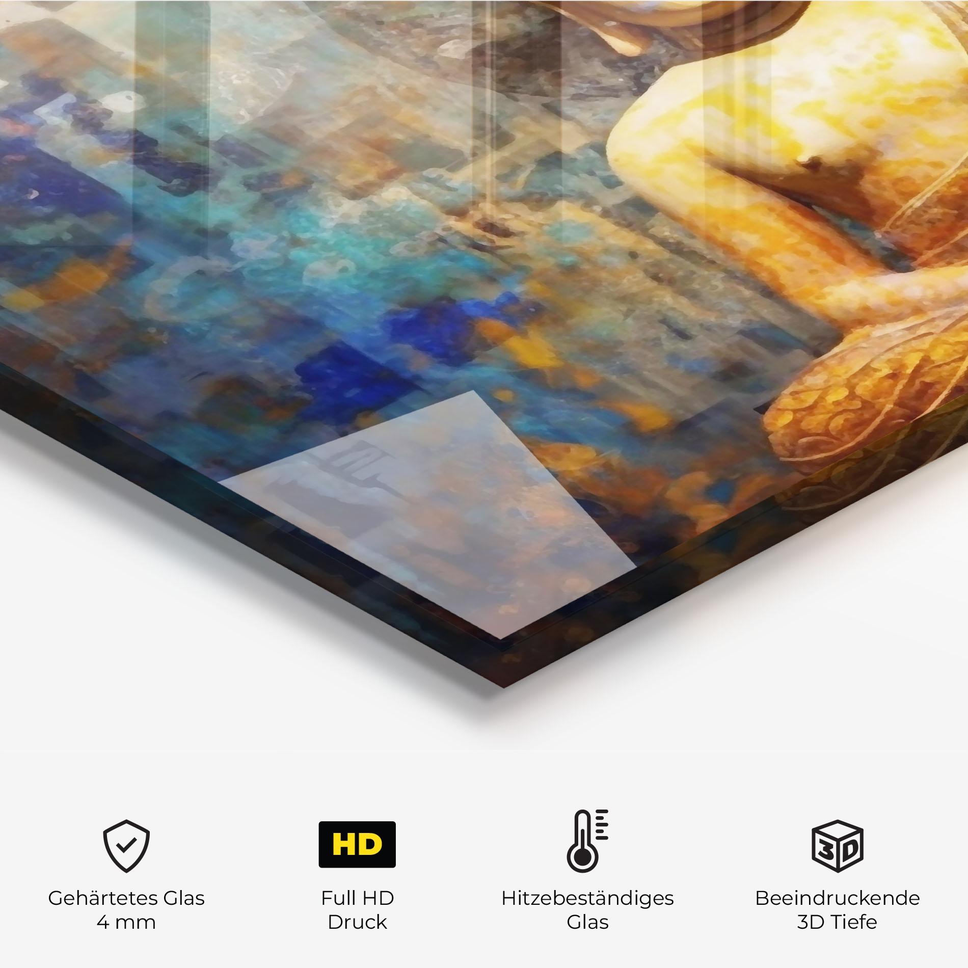 Küchenrückwand Glas Buddha Blue Gold mockup 2