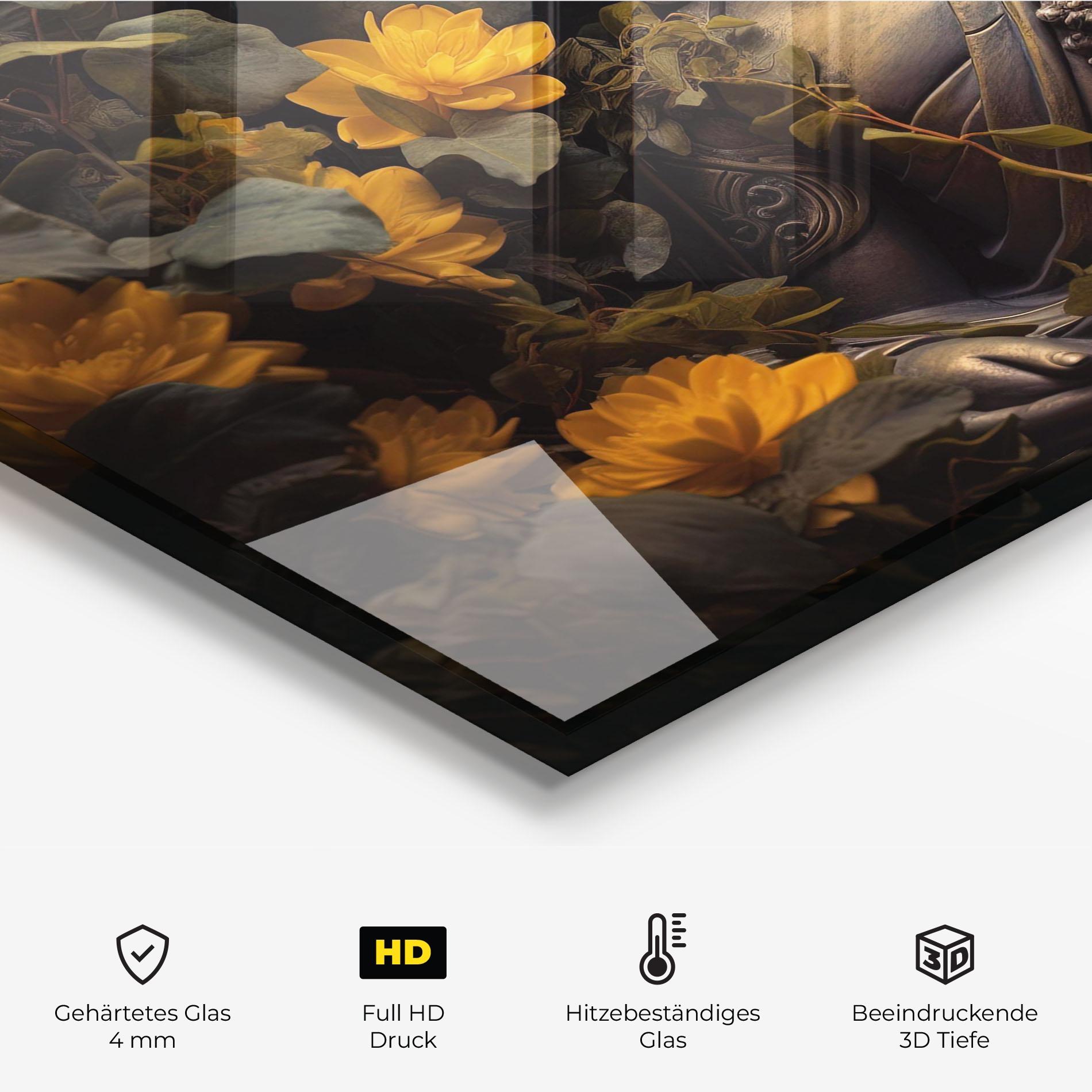 Küchenrückwand Glas Buddha Yellow Meditation mockup 2