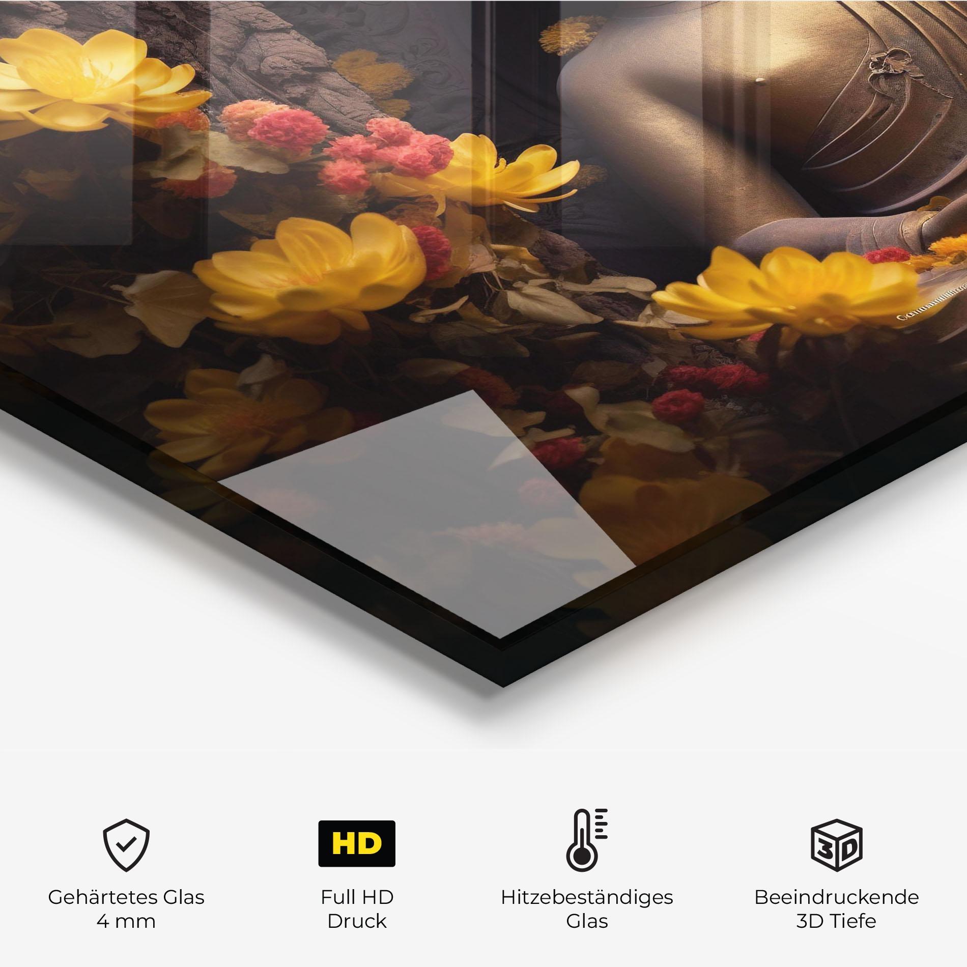 Küchenrückwand Glas Buddha Yellow Red mockup 2