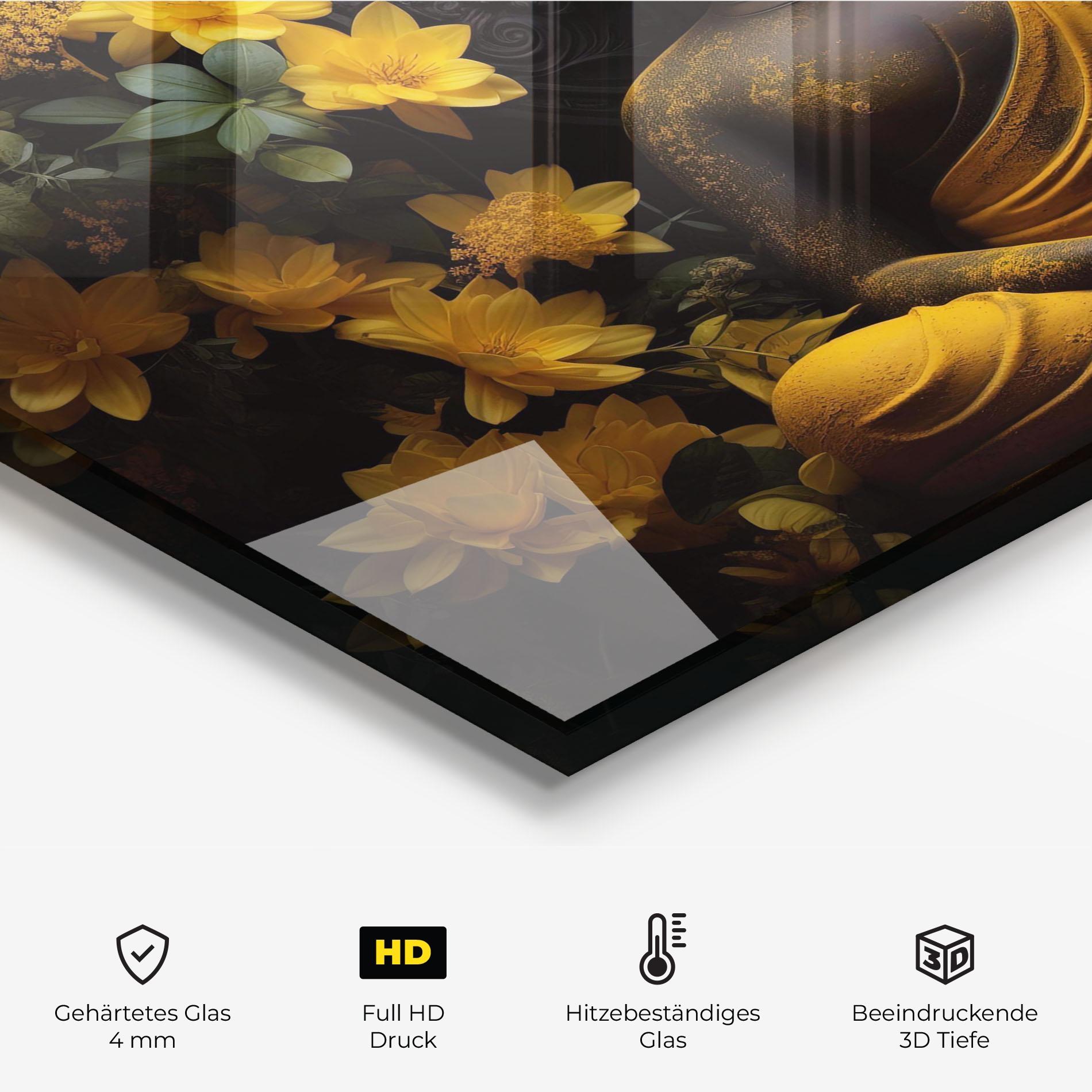 Küchenrückwand Glas Buddha Yellow Statue mockup 2