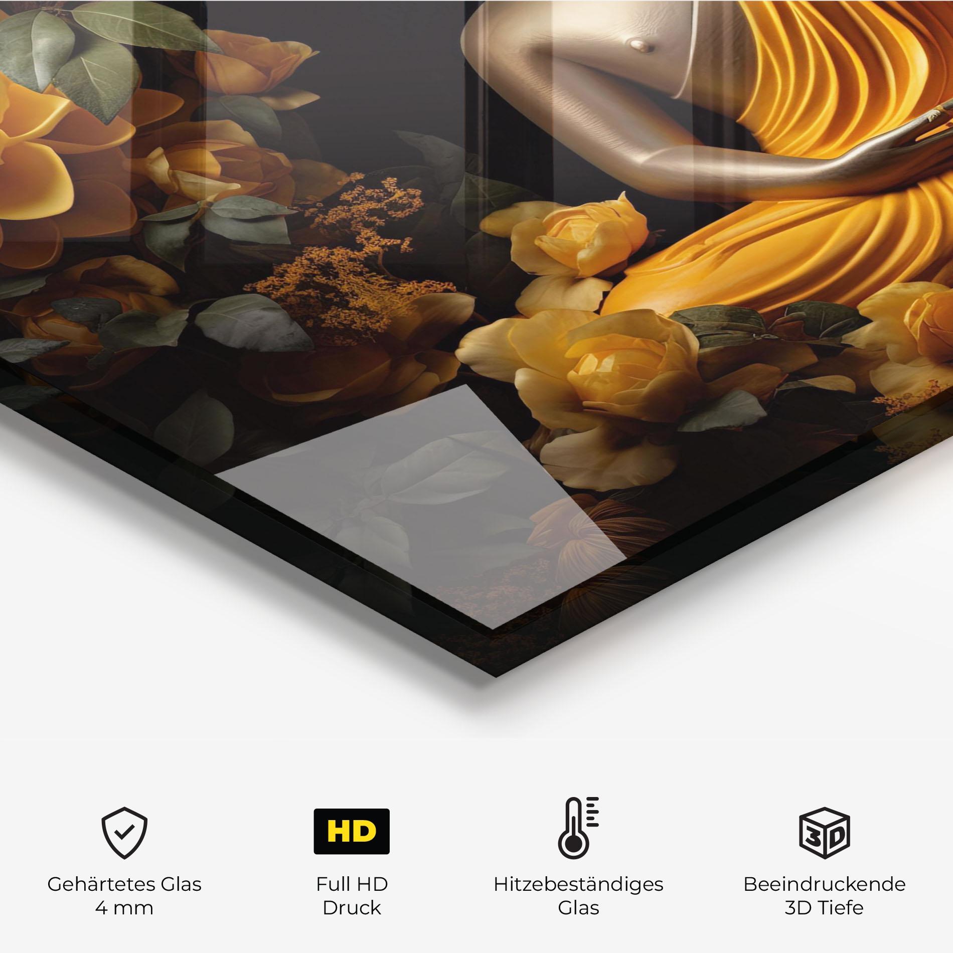 Küchenrückwand Glas Gold Buddha Flower mockup 2