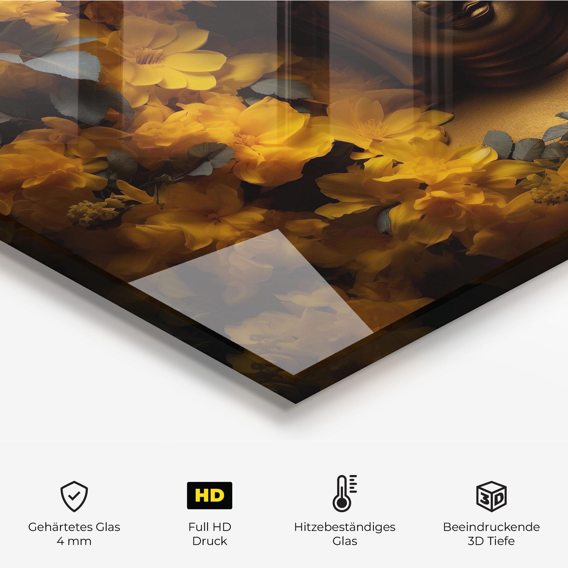 Küchenrückwand Glas Gold Buddha Meditation mockup 2