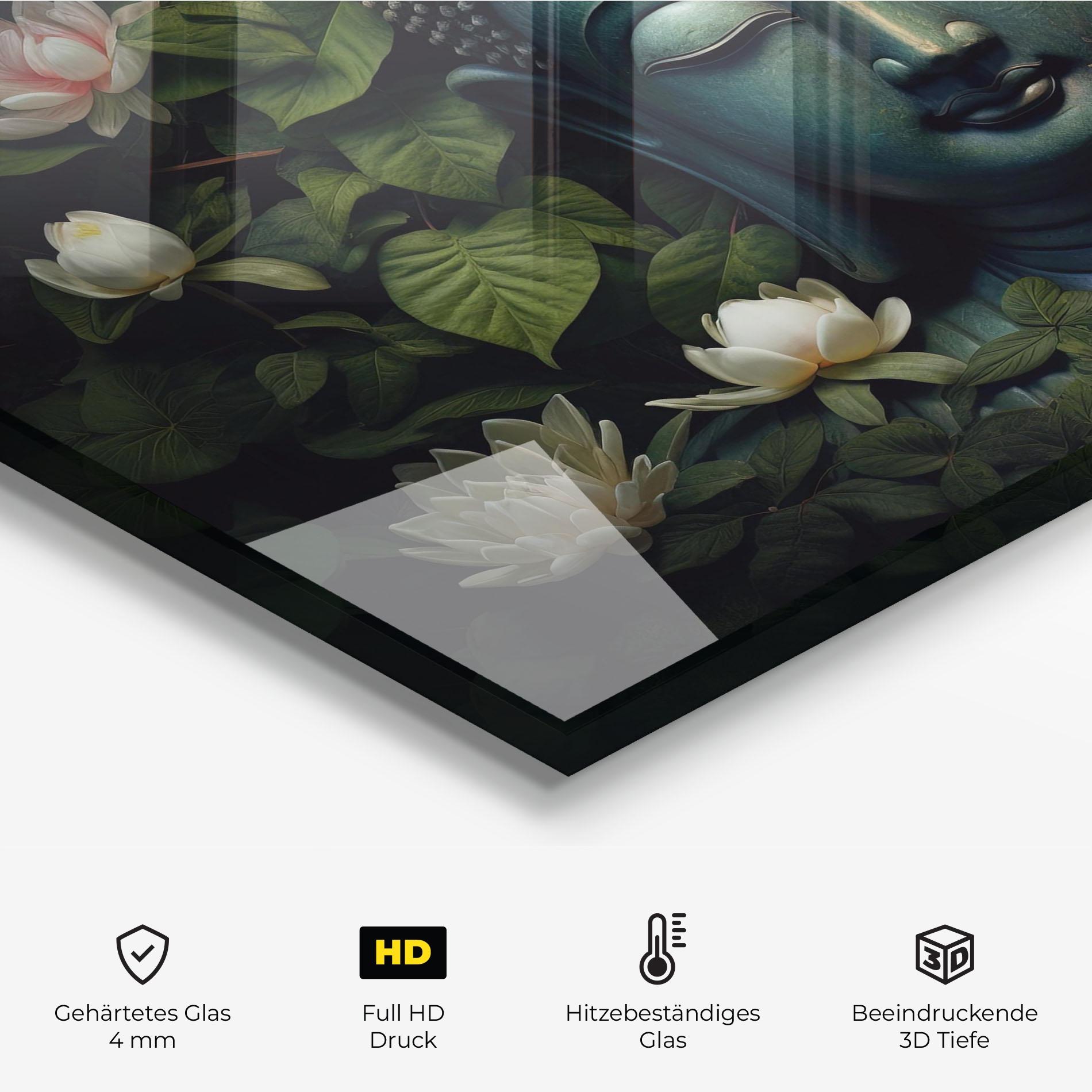 Küchenrückwand Glas Green Statue Buddha mockup 2