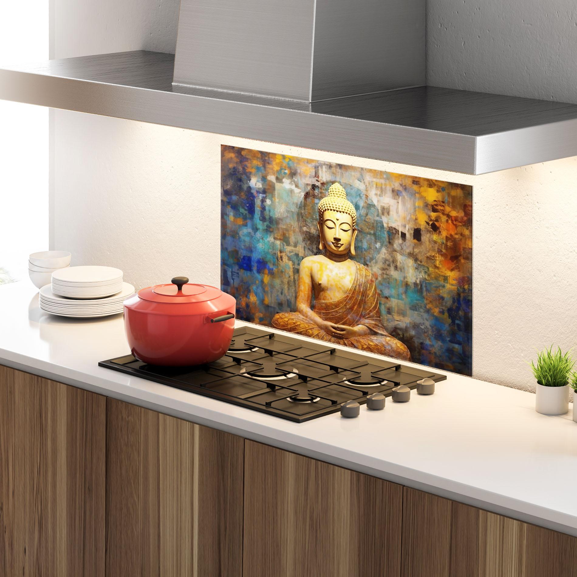 Küchenrückwand Glas Buddha Blue Gold mockup 4