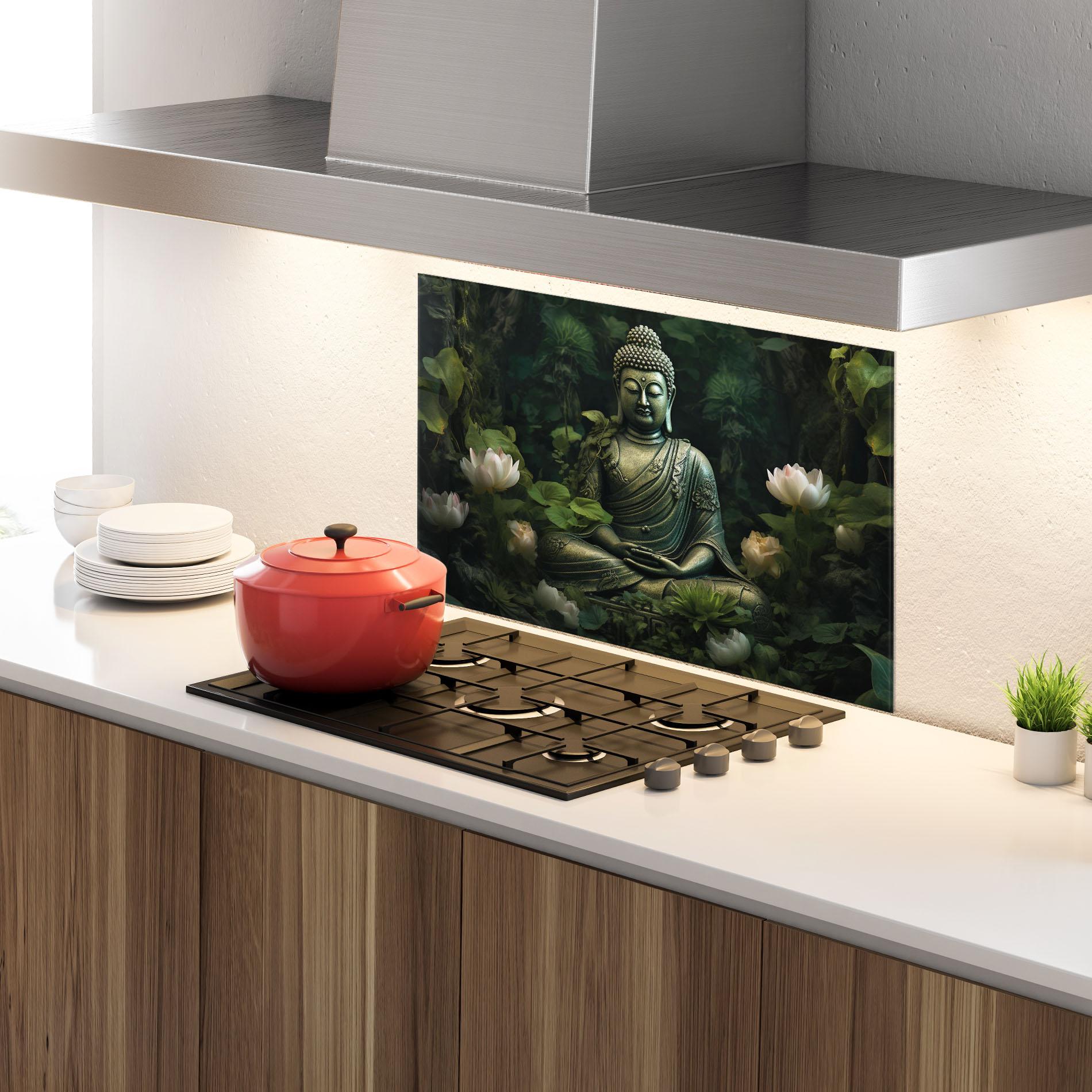 Küchenrückwand Glas Buddha Lotus Flower mockup 4