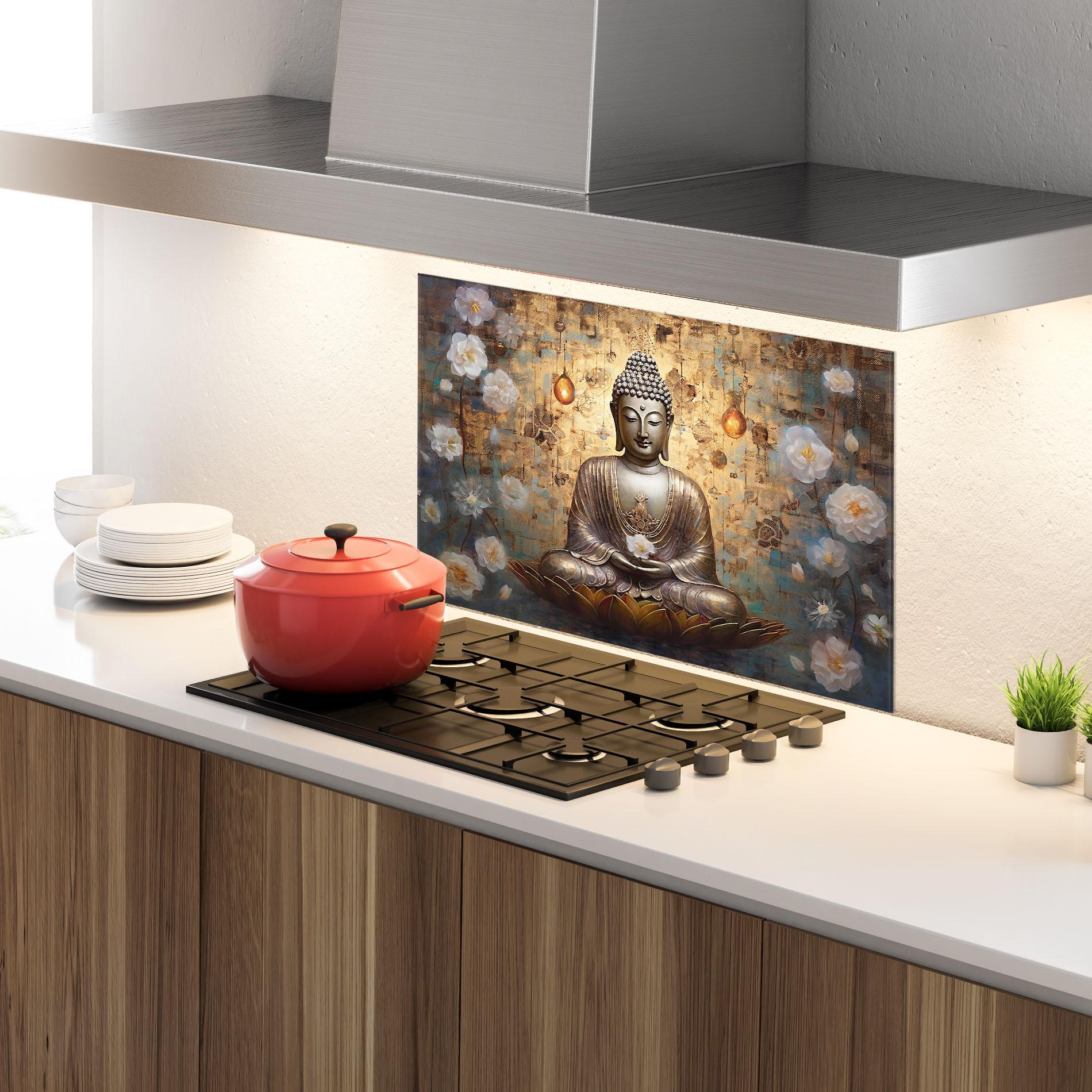 Küchenrückwand Glas Buddha Meditation Art mockup 4