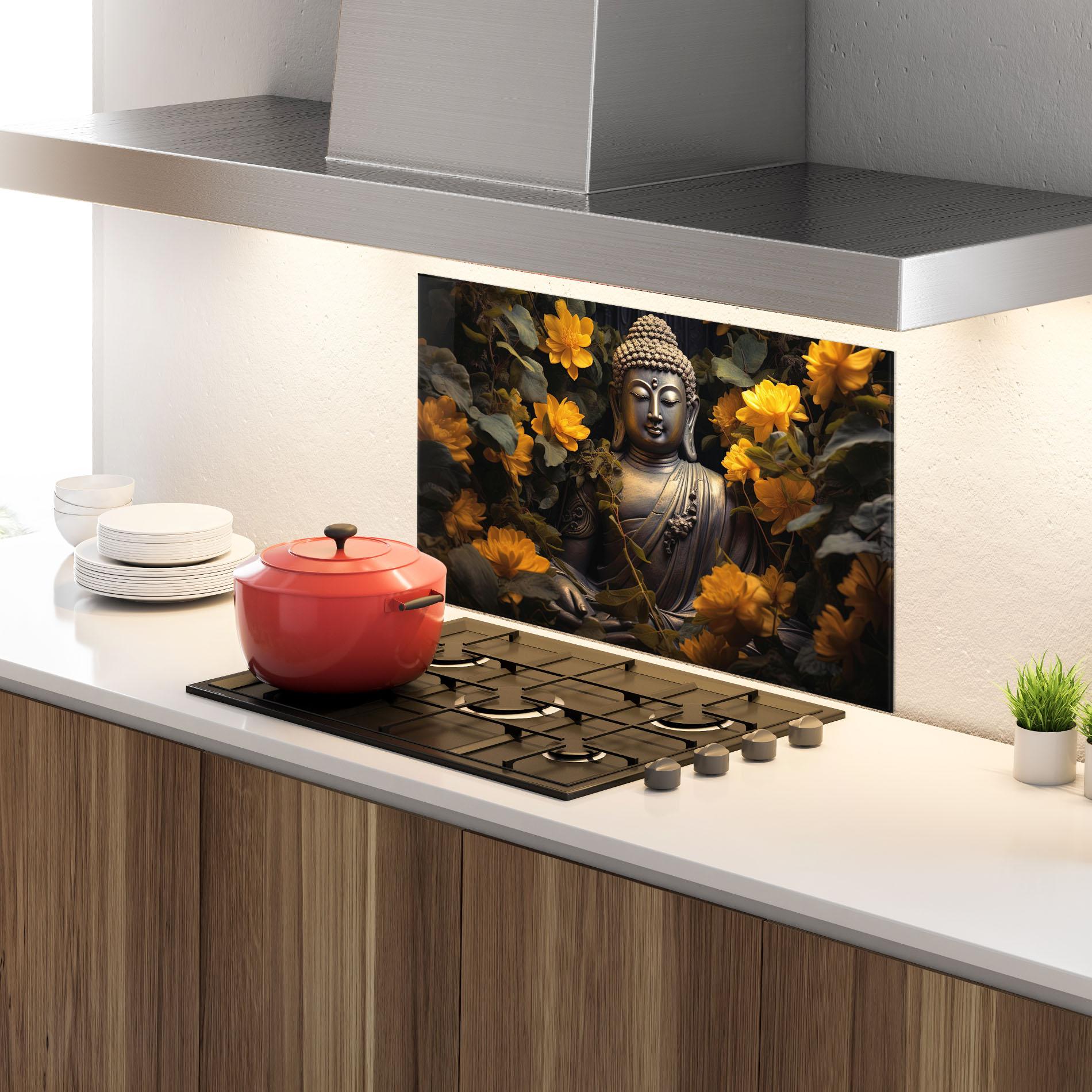 Küchenrückwand Glas Buddha Yellow Meditation mockup 4