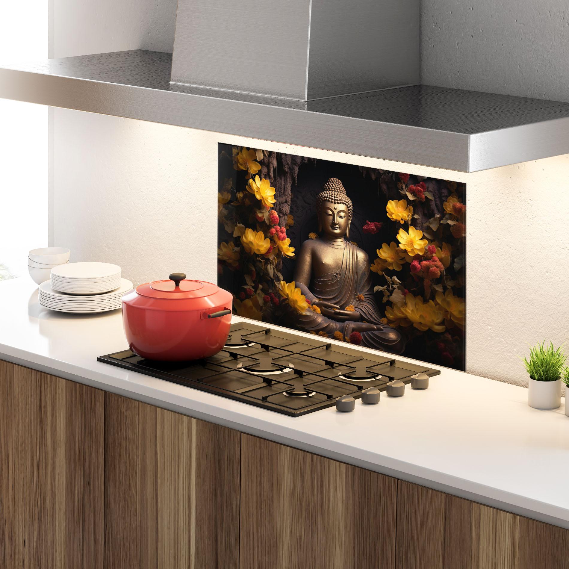 Küchenrückwand Glas Buddha Yellow Red mockup 4
