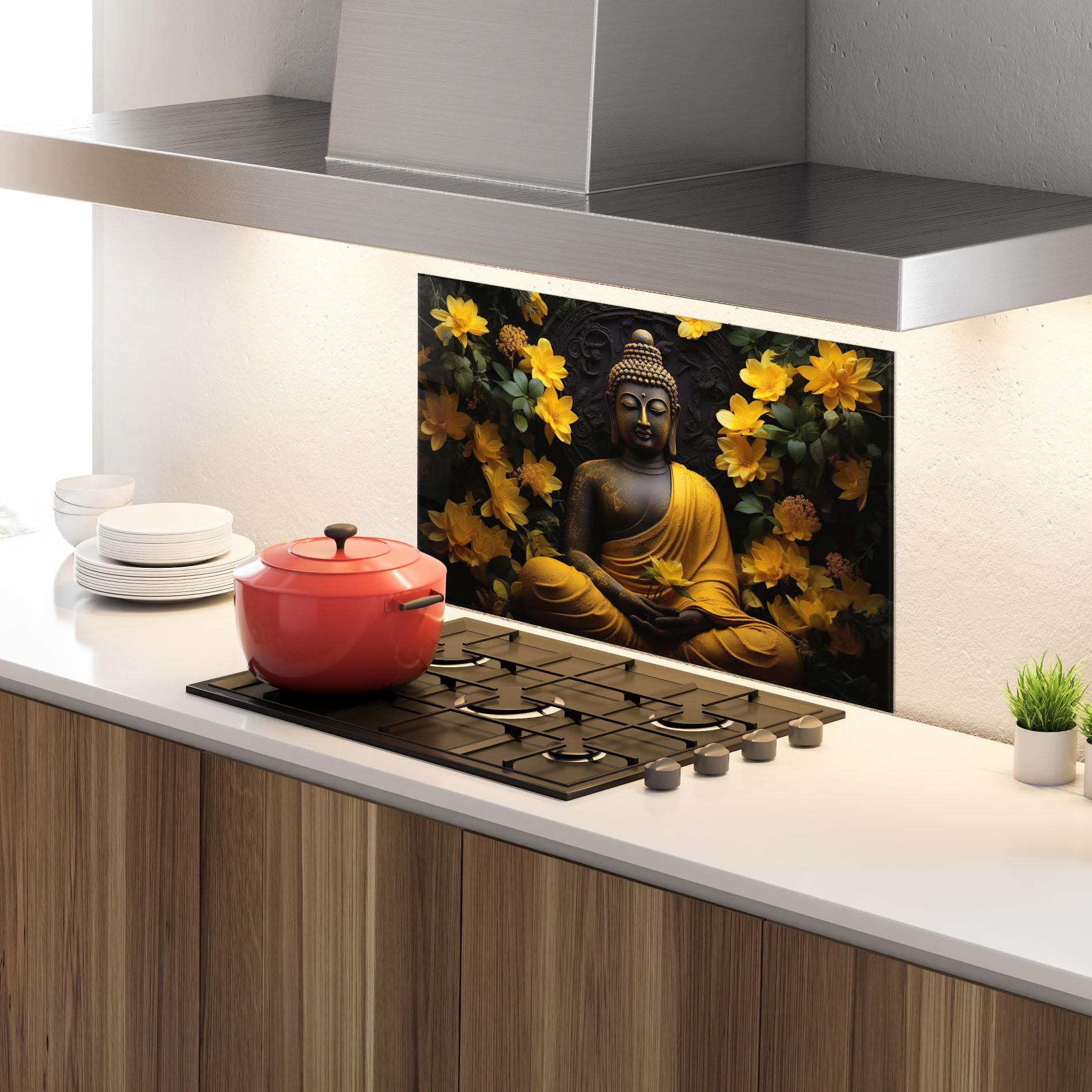 Küchenrückwand Glas Buddha Yellow Statue mockup 4