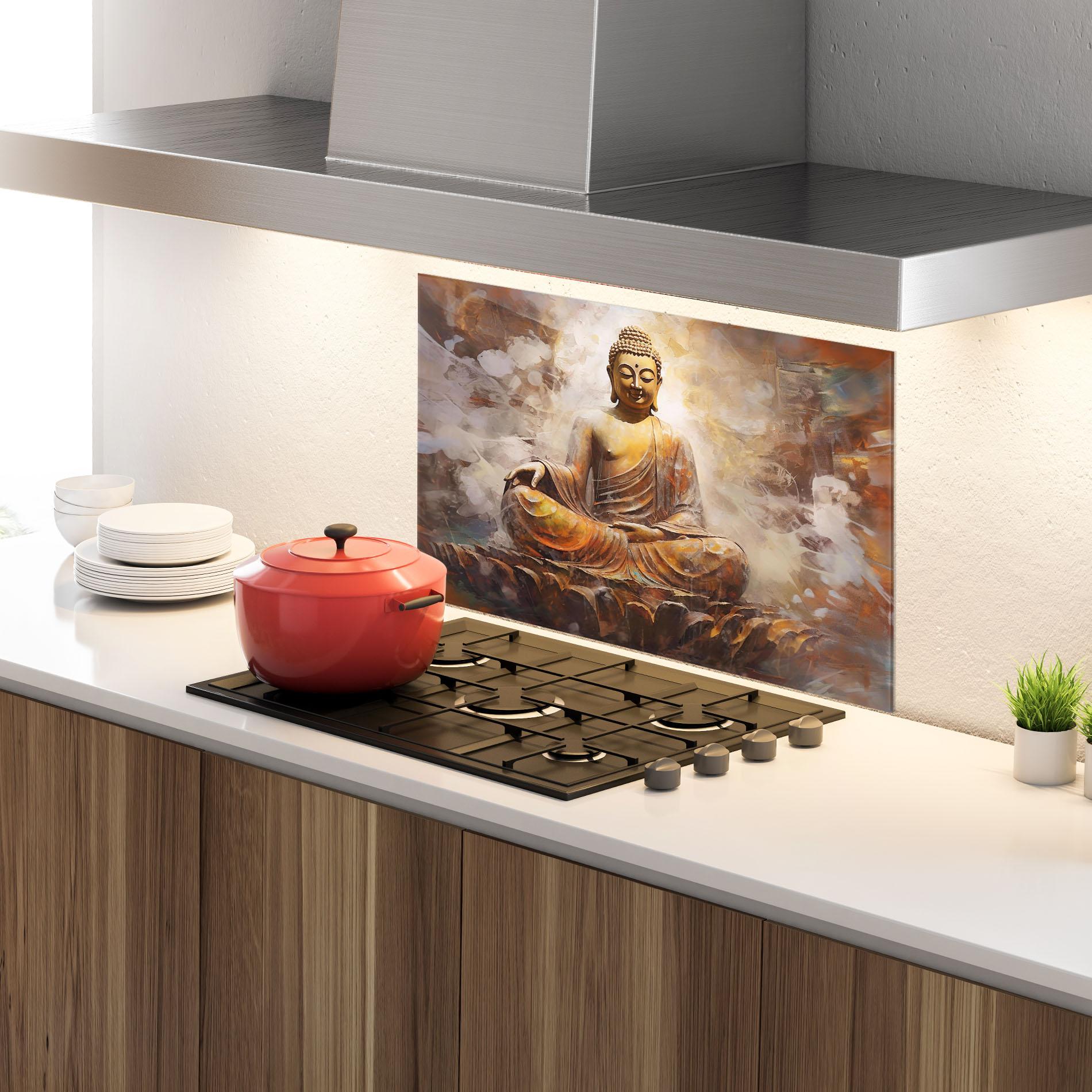 Küchenrückwand Glas Cream Orange Buddha mockup 4