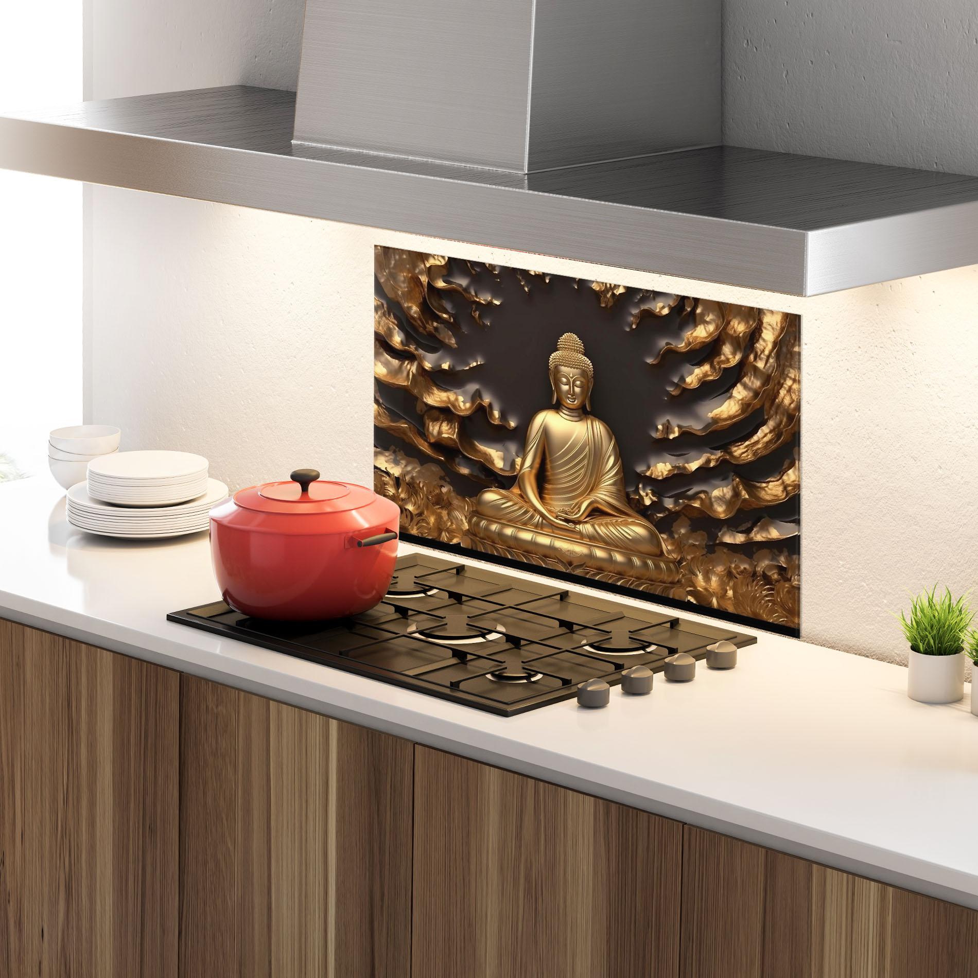 Küchenrückwand Glas Gold 3d Buddha mockup 4