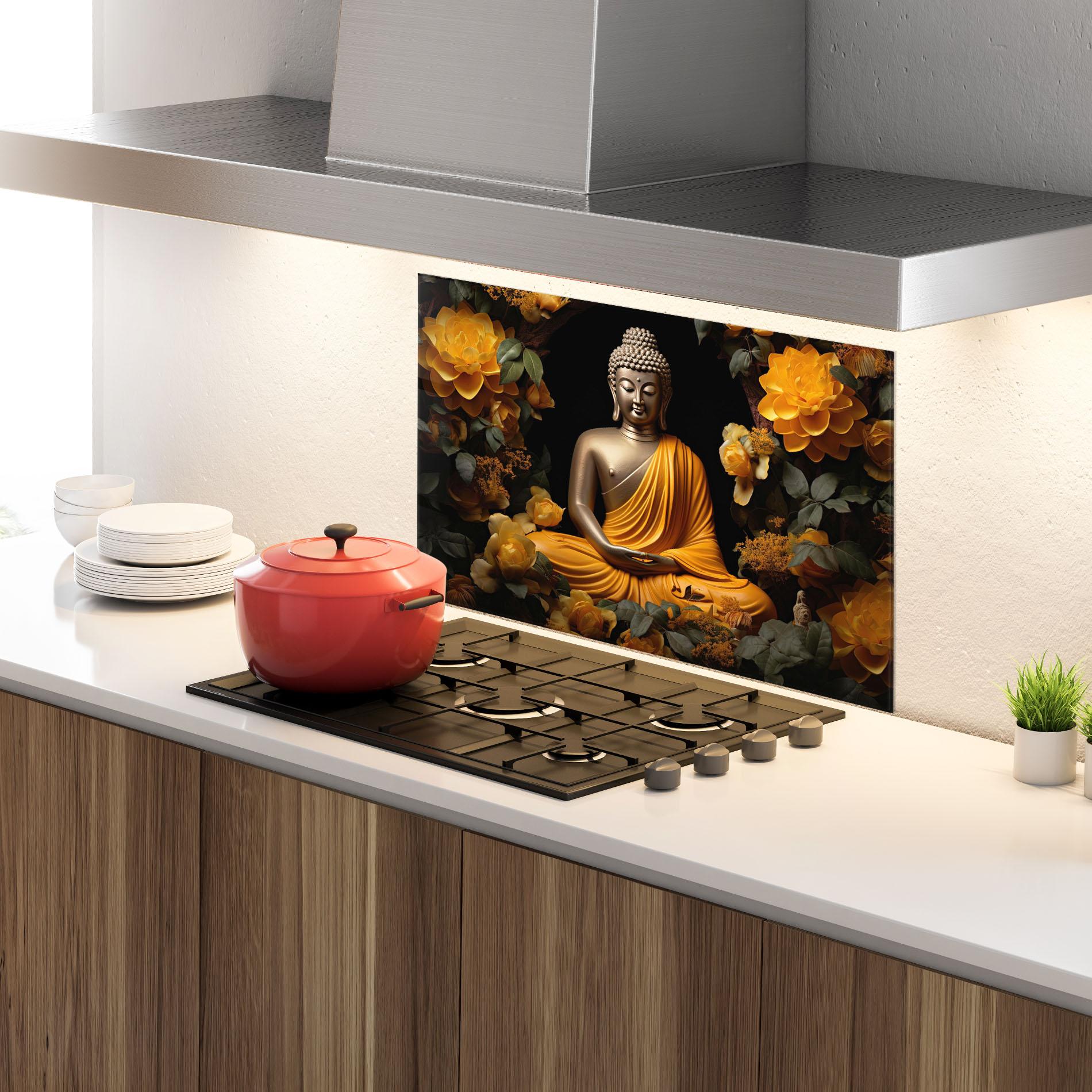 Küchenrückwand Glas Gold Buddha Flower mockup 4