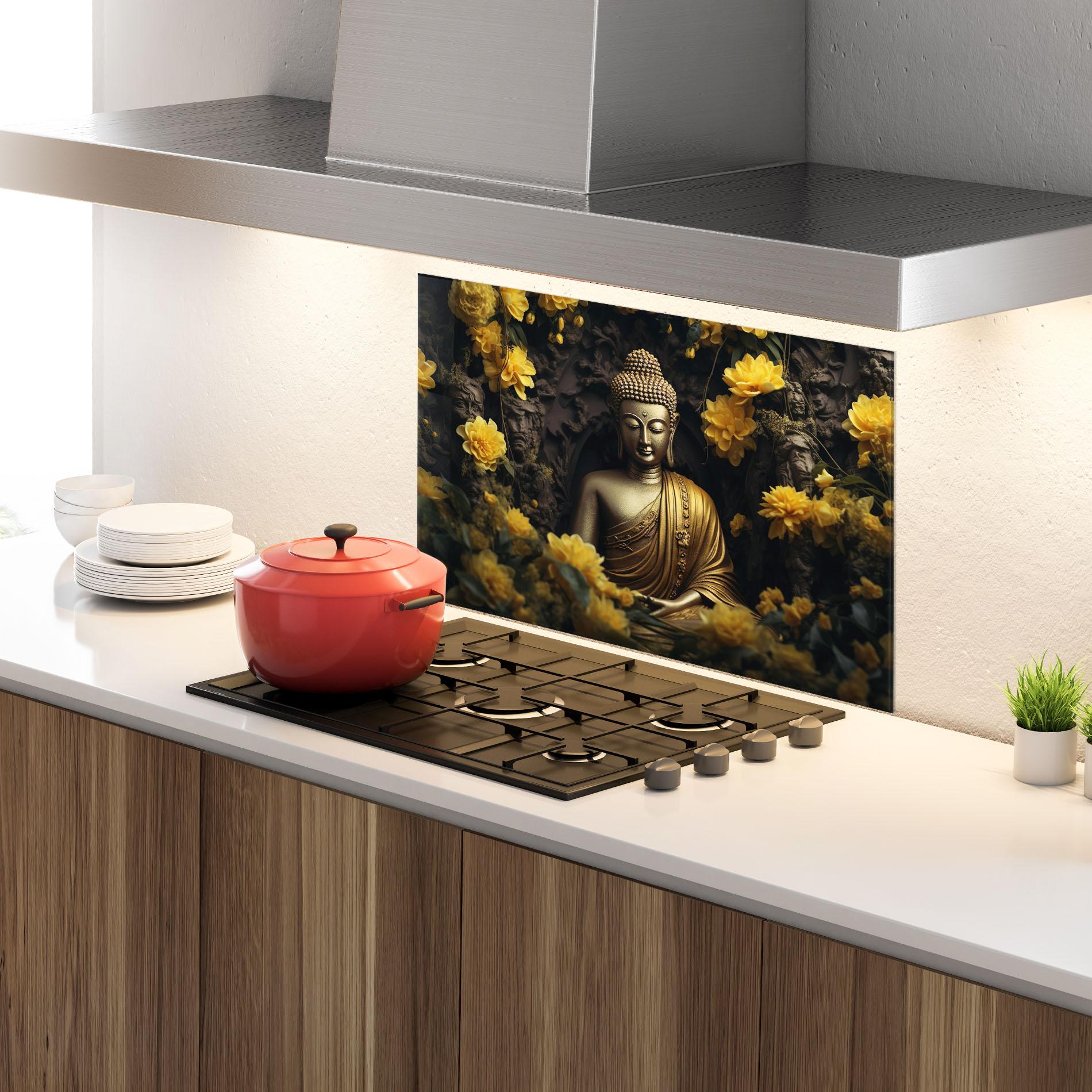 Küchenrückwand Glas Gold Buddha Flowers mockup 4
