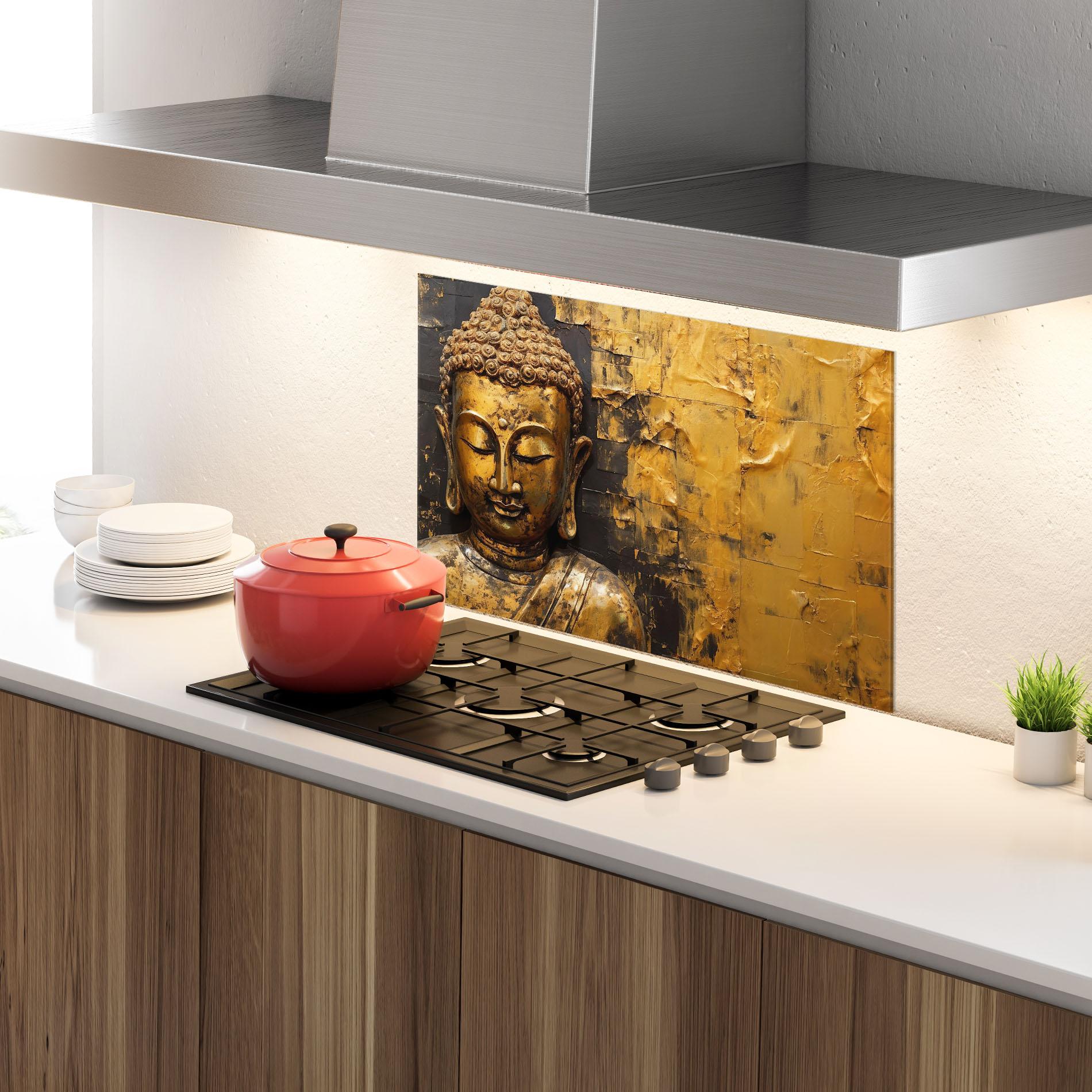 Küchenrückwand Glas Gold Paint Buddha mockup 4