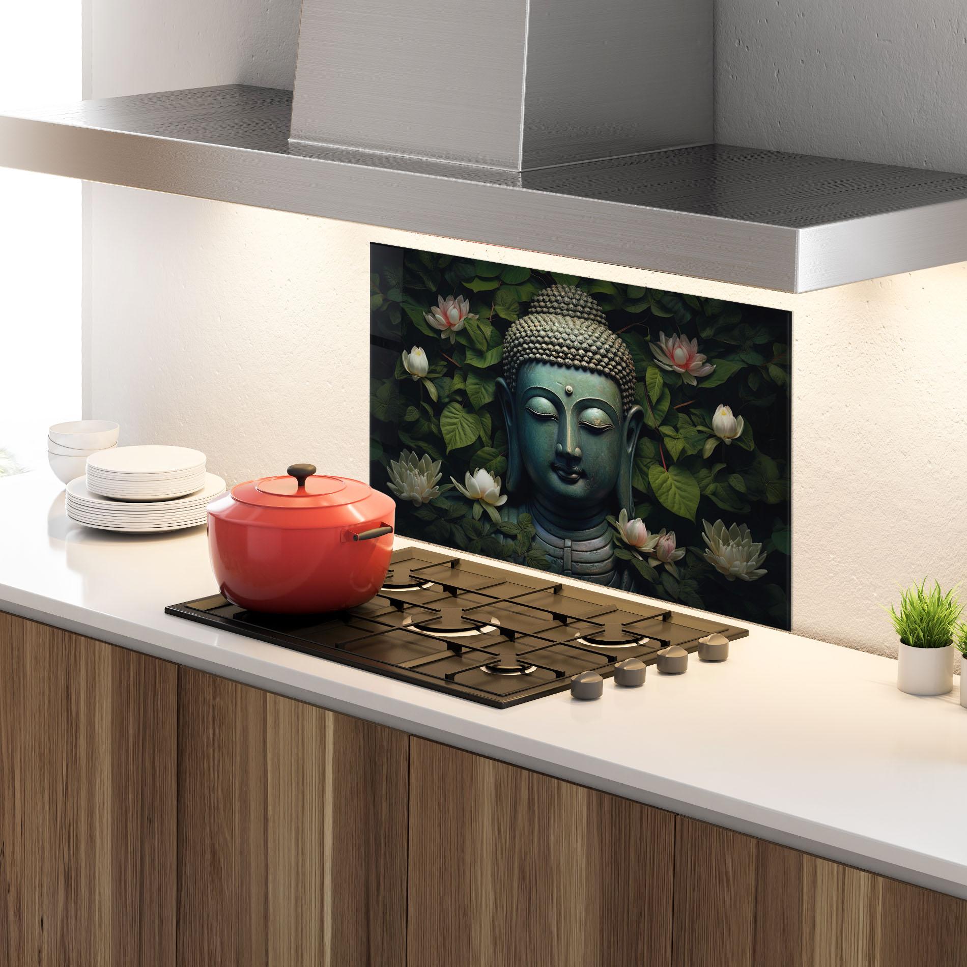 Küchenrückwand Glas Green Statue Buddha mockup 4