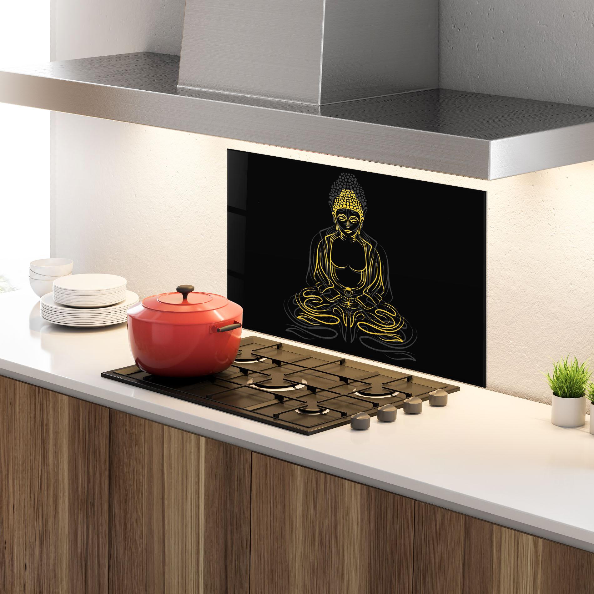 Küchenrückwand Glas Grey Yellow Buddha mockup 4