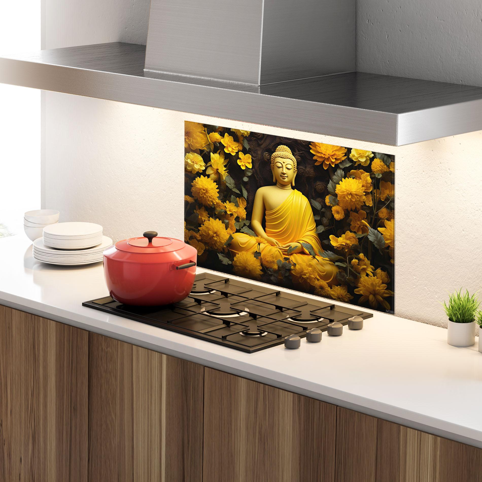Küchenrückwand Glas Light Yellow Buddha mockup 4