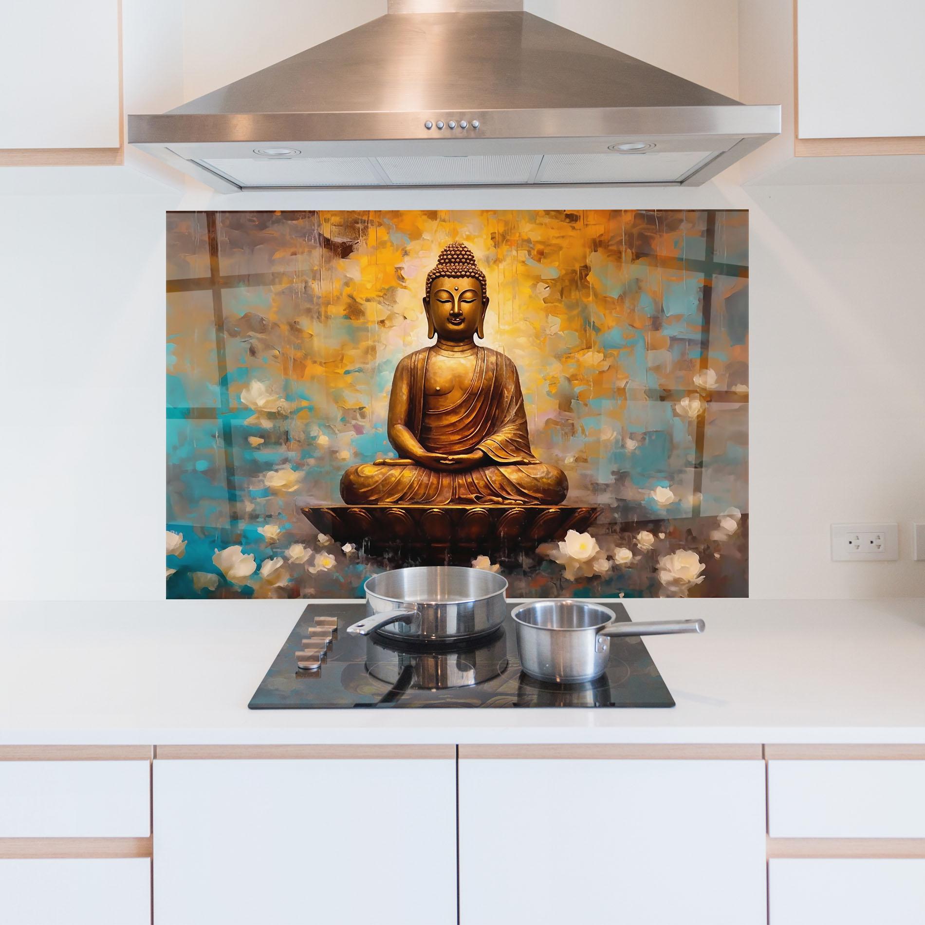 Küchenrückwand Glas Blue Gold Buddha mockup 5