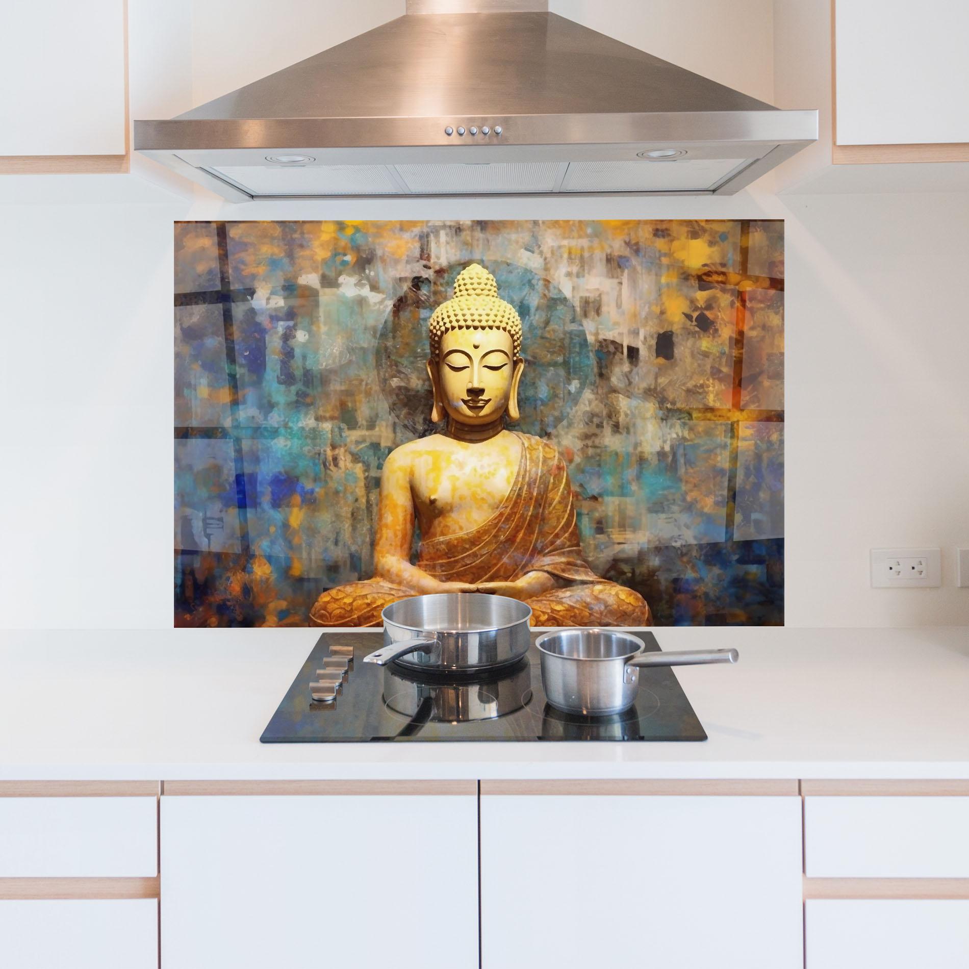 Küchenrückwand Glas Buddha Blue Gold mockup 5