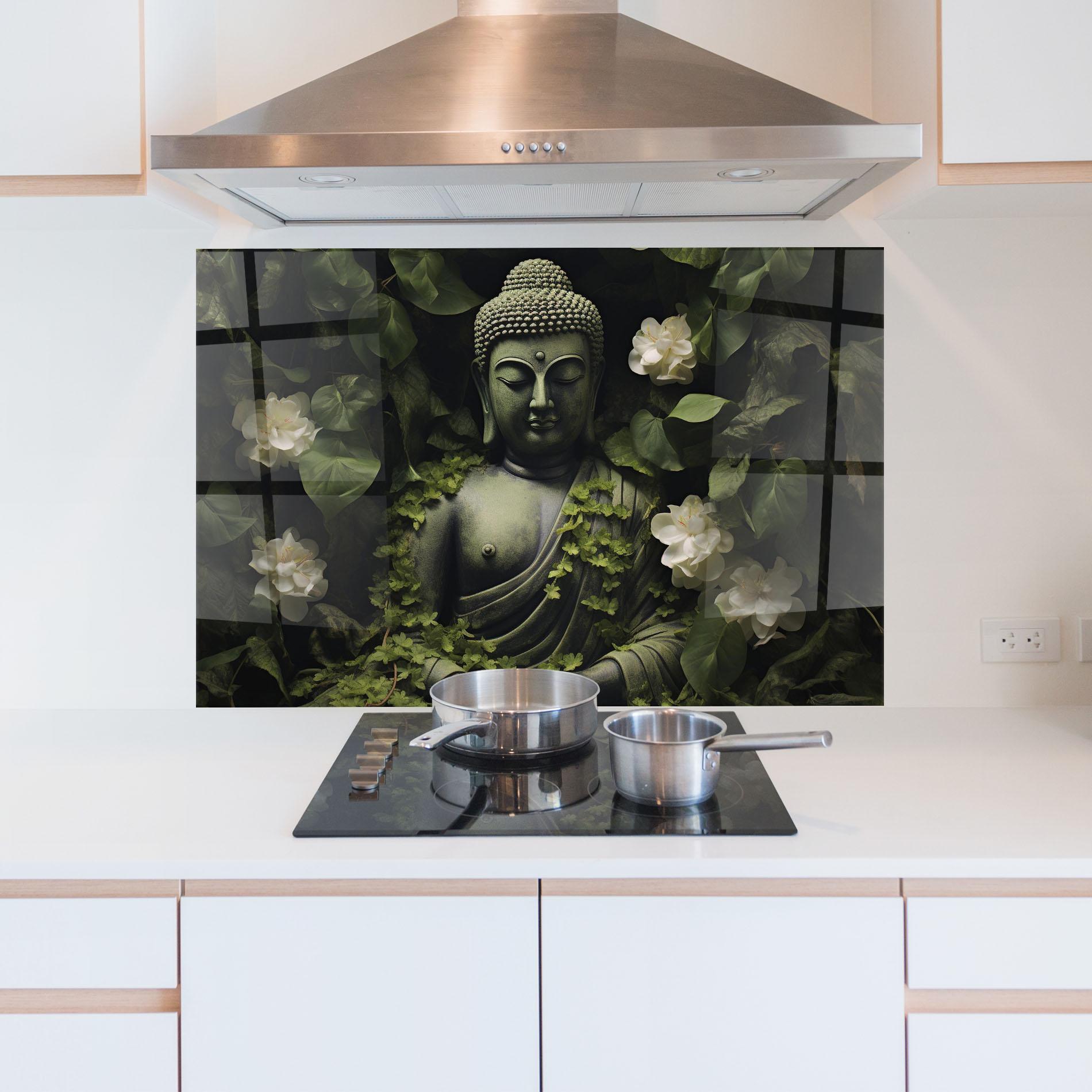 Küchenrückwand Glas Buddha Lotus Statue mockup 5