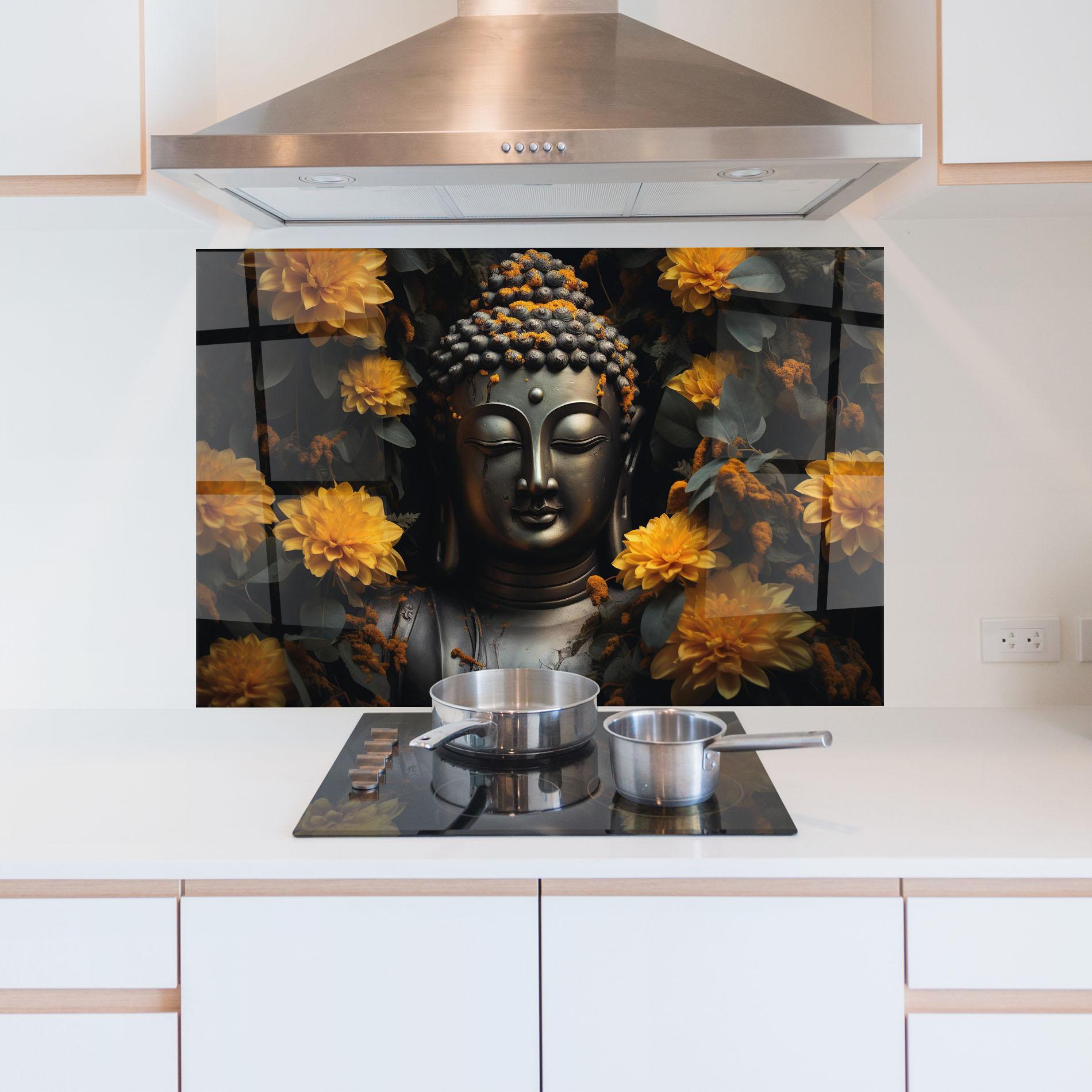 Küchenrückwand Glas Buddha Peace Statue mockup 5