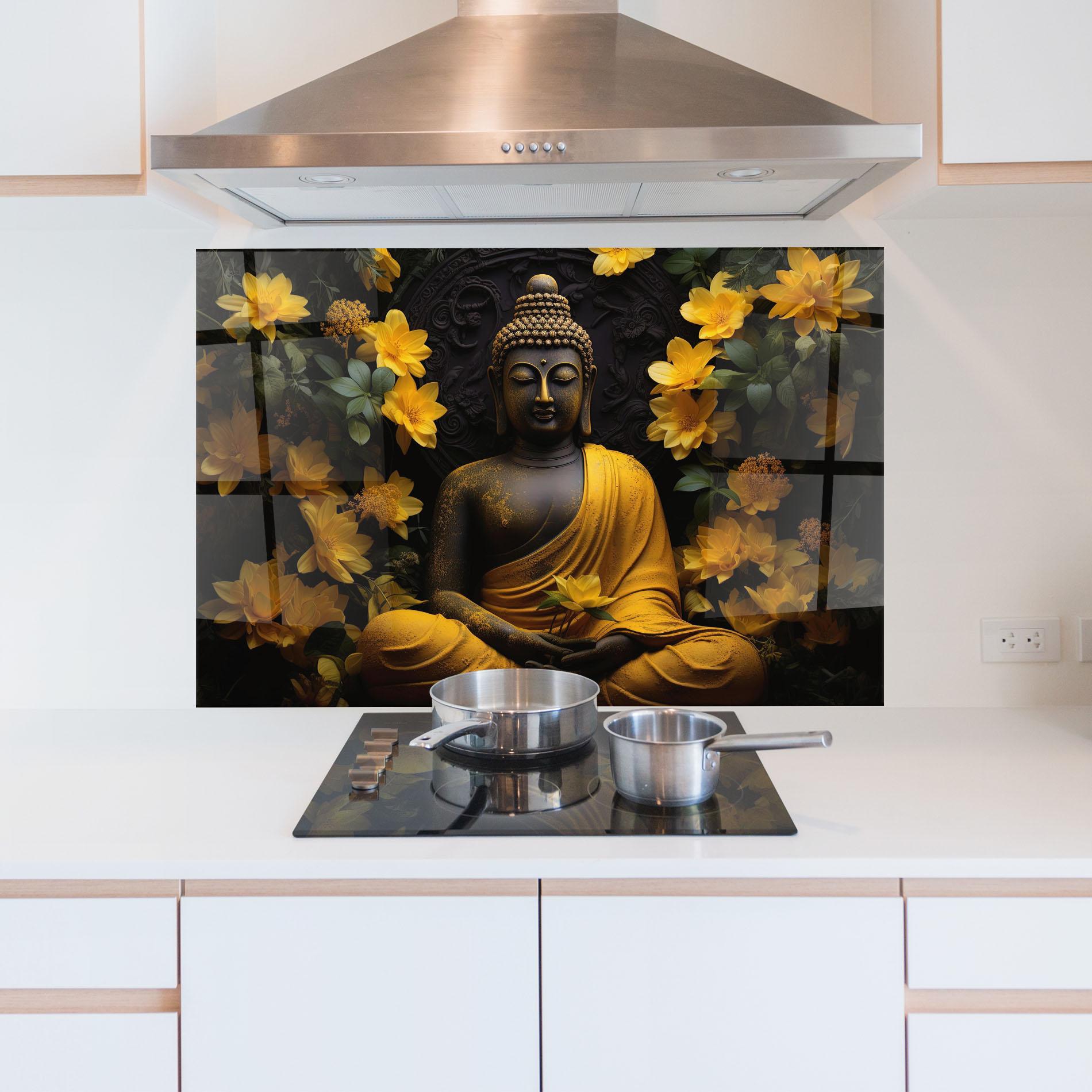 Küchenrückwand Glas Buddha Yellow Statue mockup 5