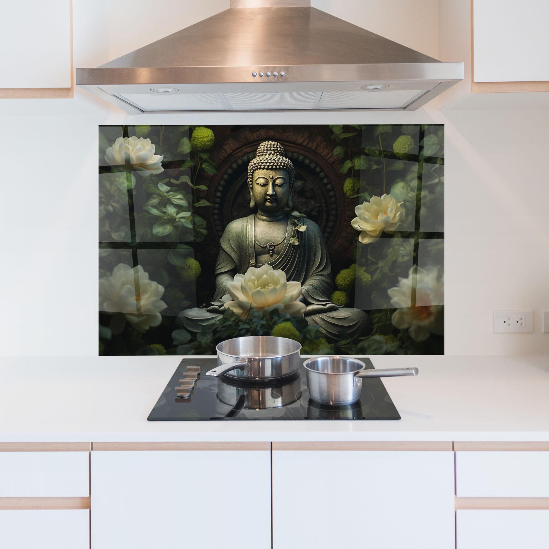 Küchenrückwand Glas Cream Flower Buddha mockup 5