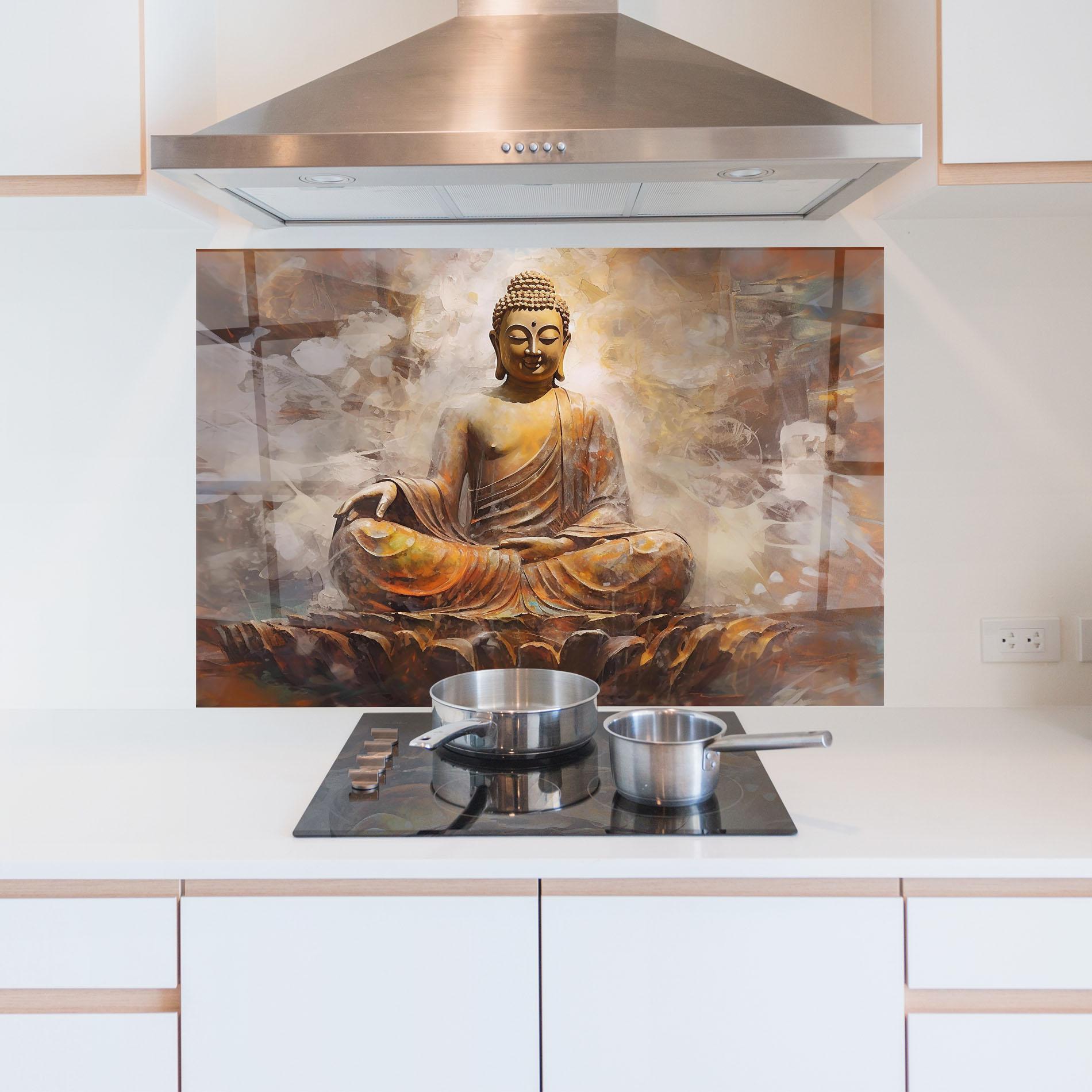 Küchenrückwand Glas Cream Orange Buddha mockup 5
