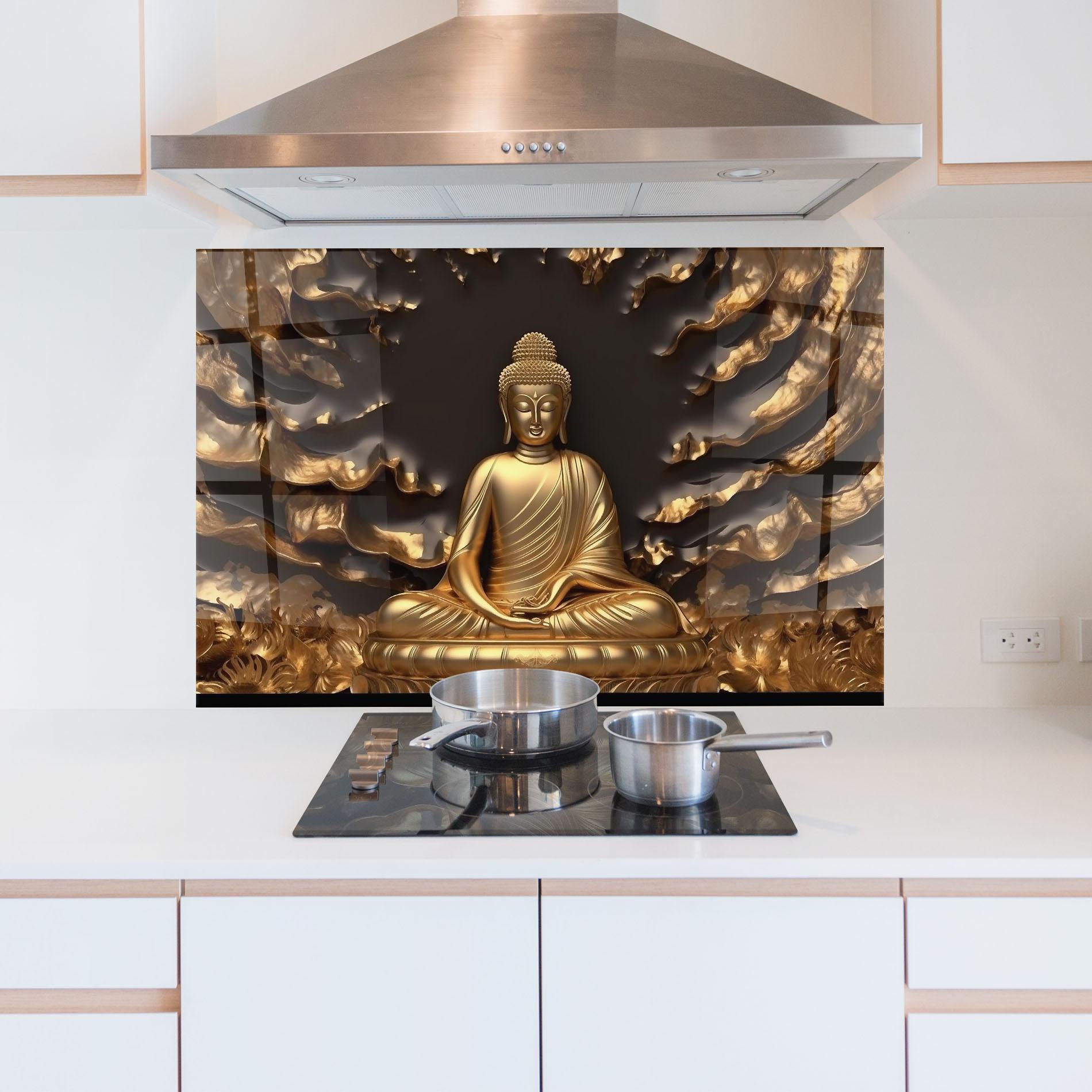 Küchenrückwand Glas Gold 3d Buddha mockup 5