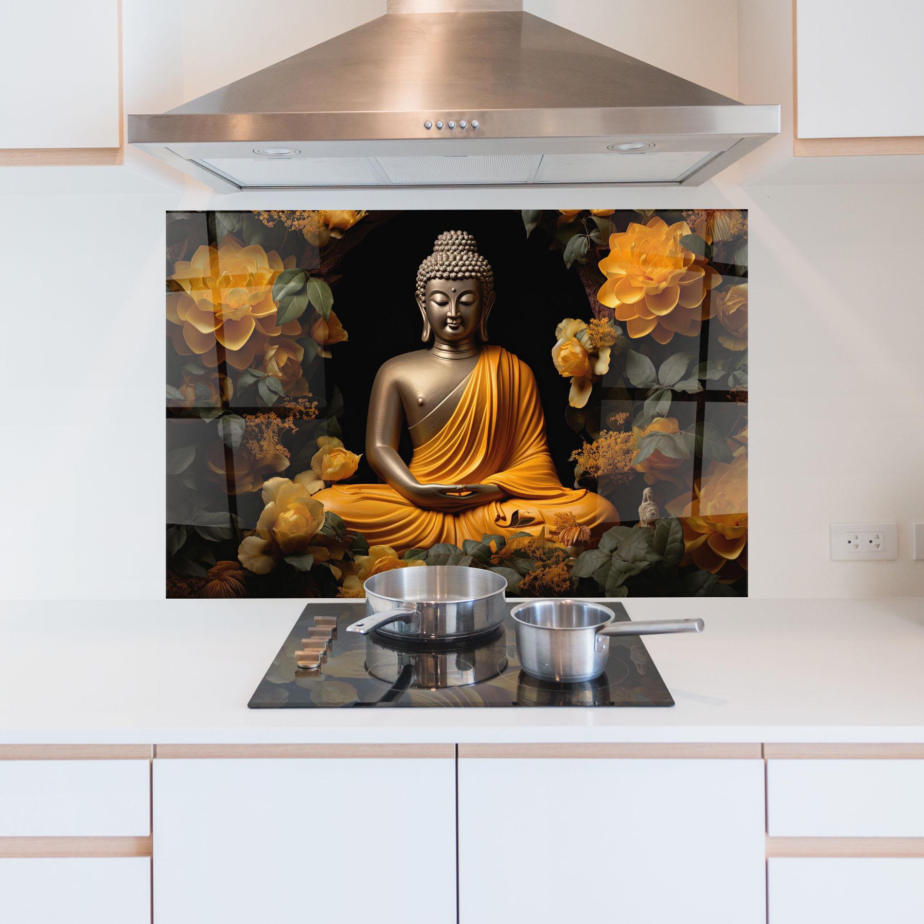 Küchenrückwand Glas Gold Buddha Flower mockup 5