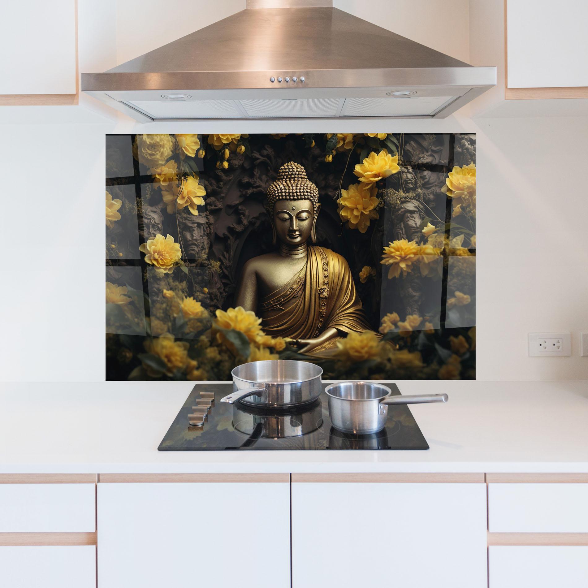 Küchenrückwand Glas Gold Buddha Flowers mockup 5
