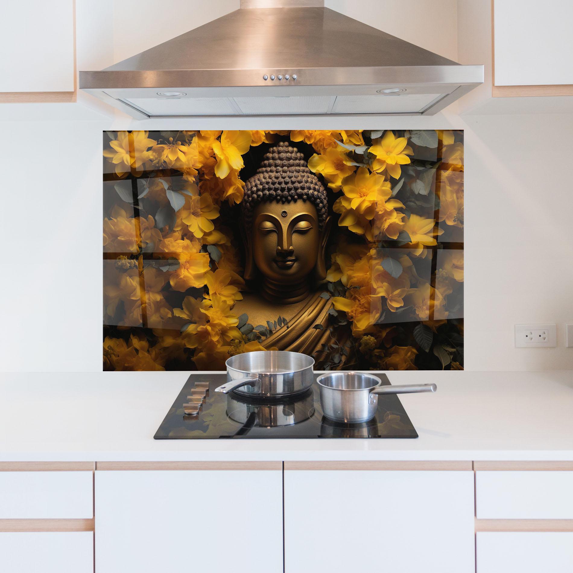 Küchenrückwand Glas Gold Buddha Meditation mockup 5