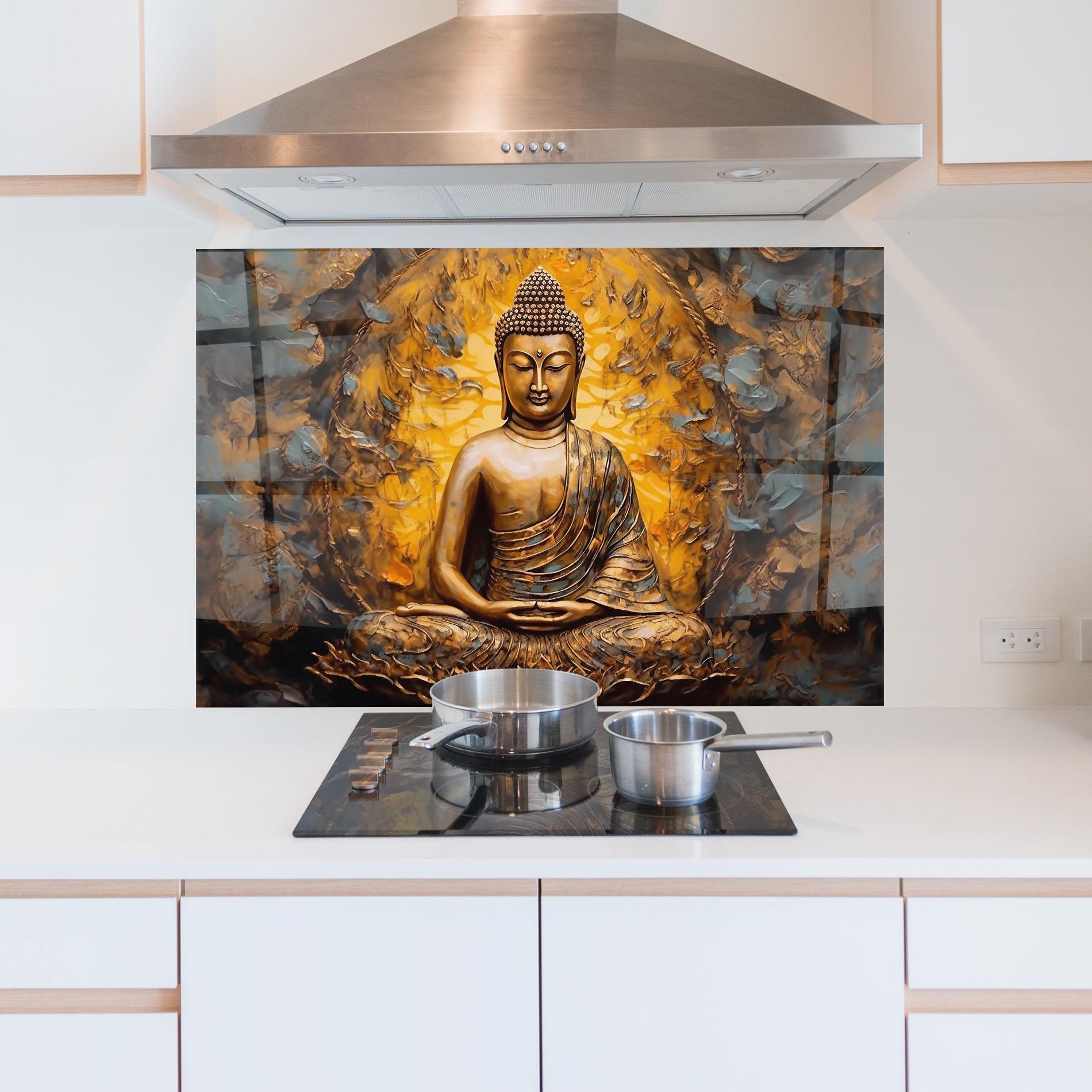 Küchenrückwand Glas Gold Grey Buddha mockup 5